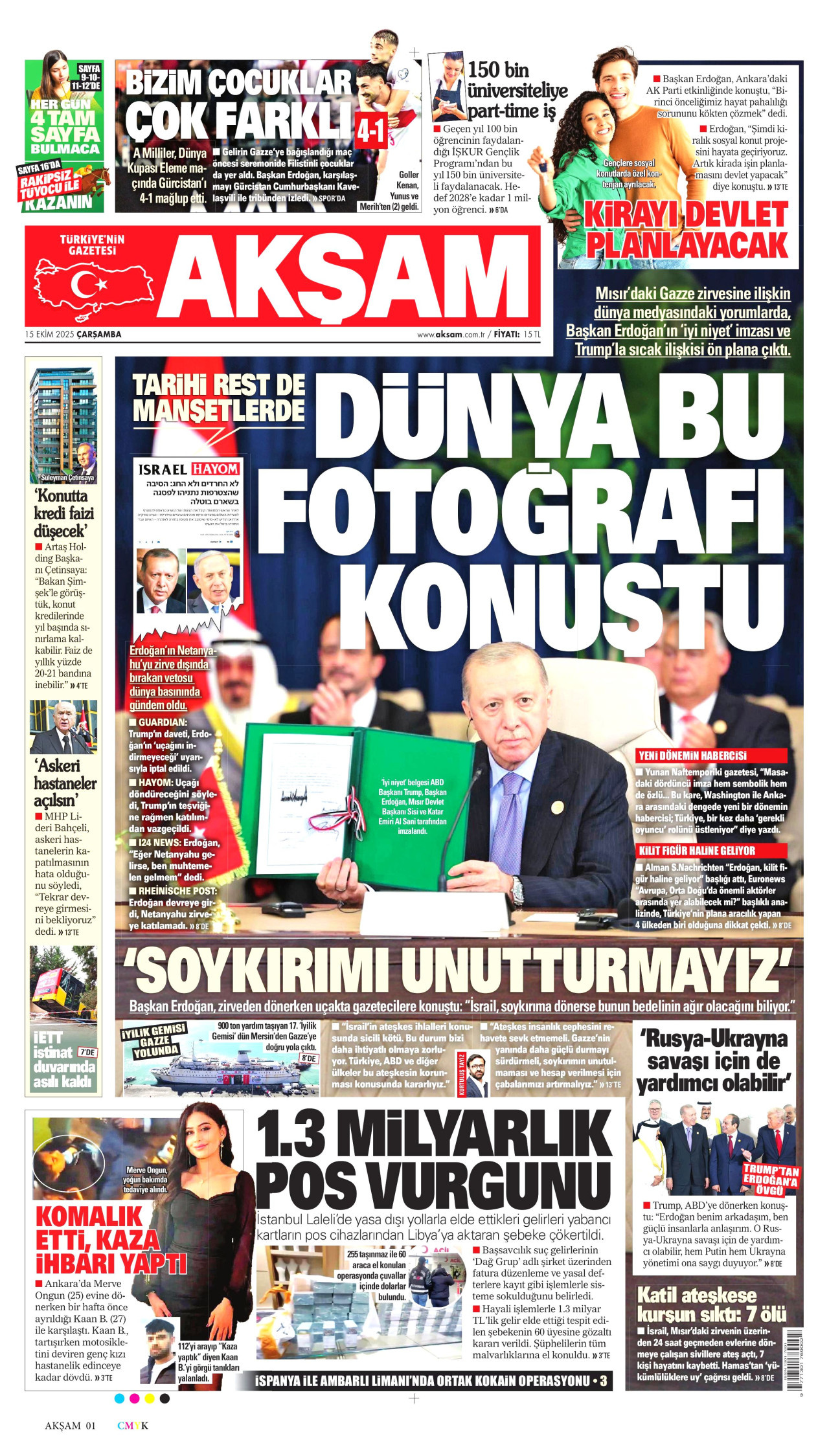 AKŞAM gazetesinin 15 Ekim 2025 tarihli birinci sayfası