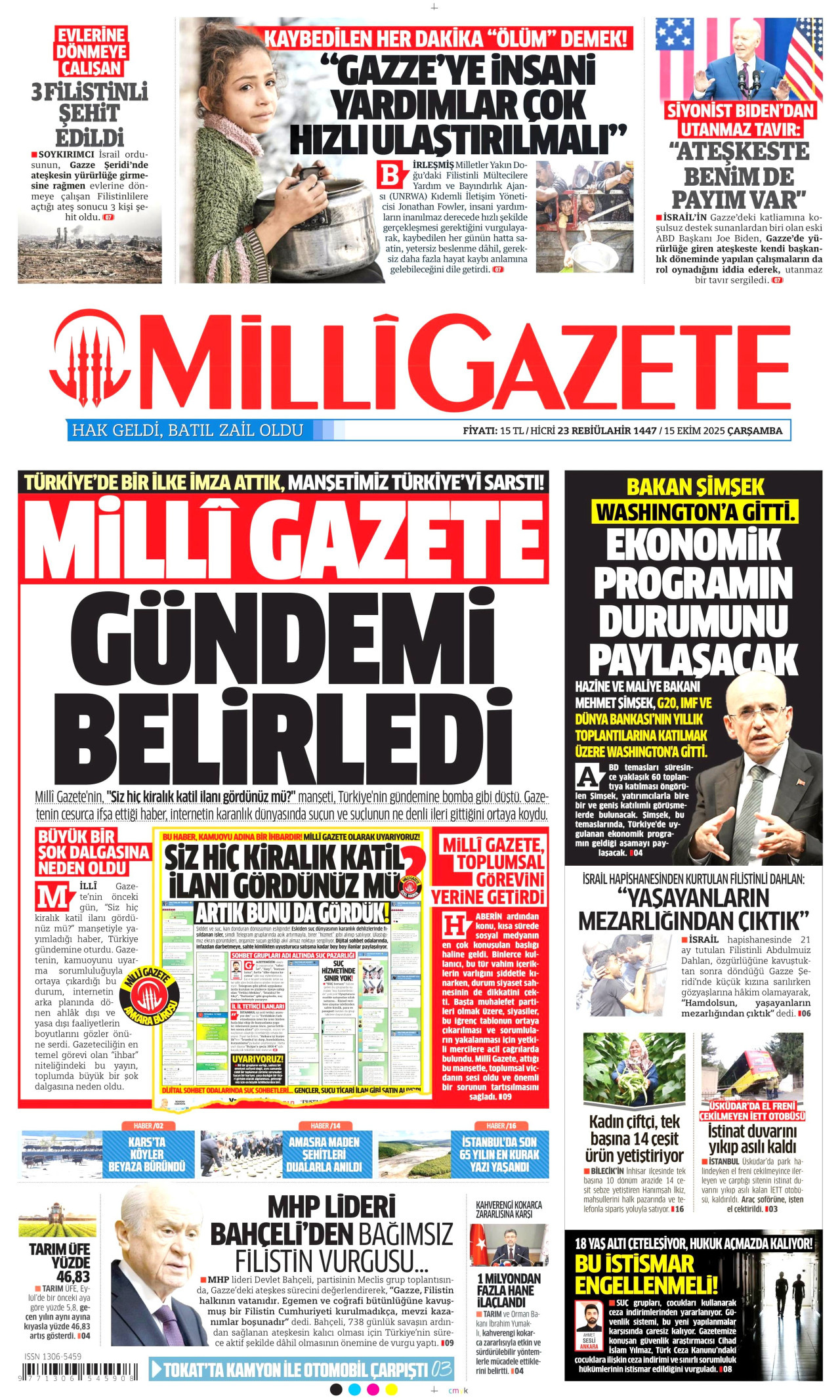 MİLLİ GAZETE gazetesinin 15 Ekim 2025 tarihli birinci sayfası