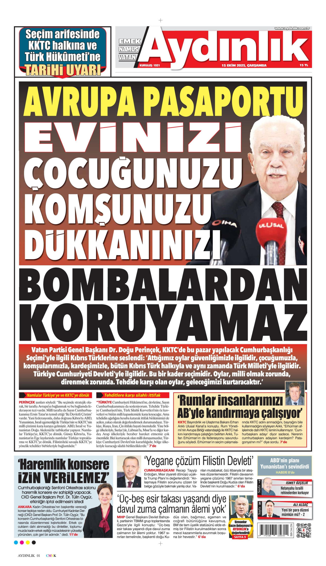 AYDINLIK GAZETESİ gazetesinin 15 Ekim 2025 tarihli birinci sayfası