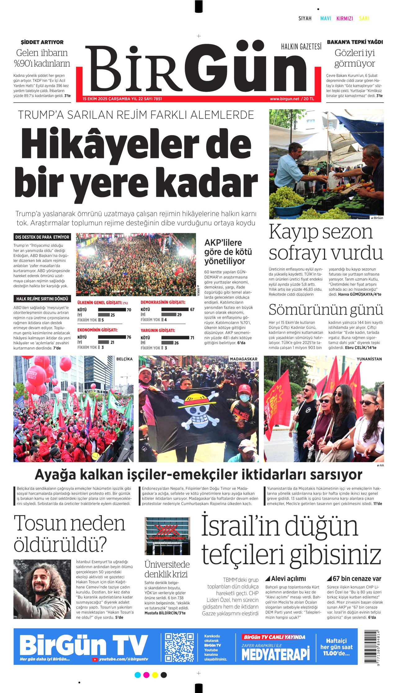 BİRGÜN gazetesinin 15 Ekim 2025 tarihli birinci sayfası