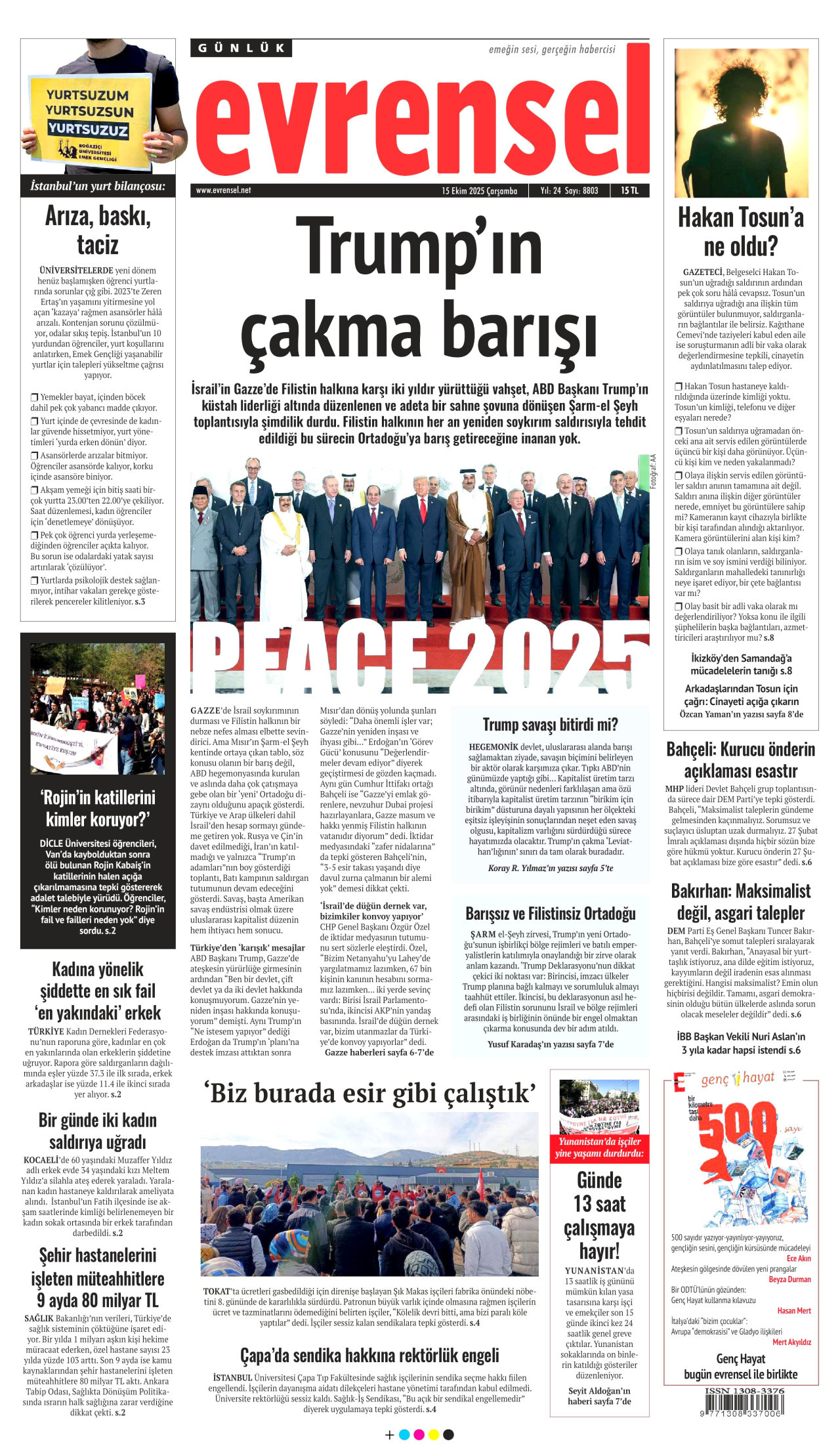 EVRENSEL gazetesinin 15 Ekim 2025 tarihli birinci sayfası