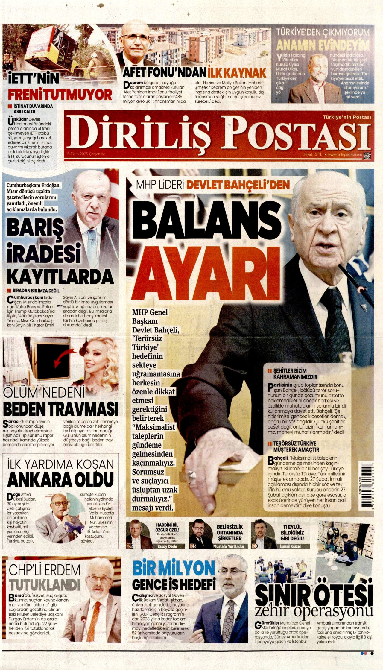 DİRİLİŞ POSTASI gazetesinin 15 Ekim 2025 tarihli birinci sayfası