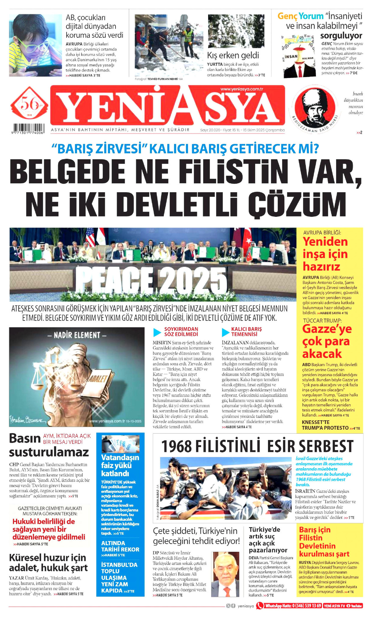 YENİ ASYA gazetesinin 15 Ekim 2025 tarihli birinci sayfası