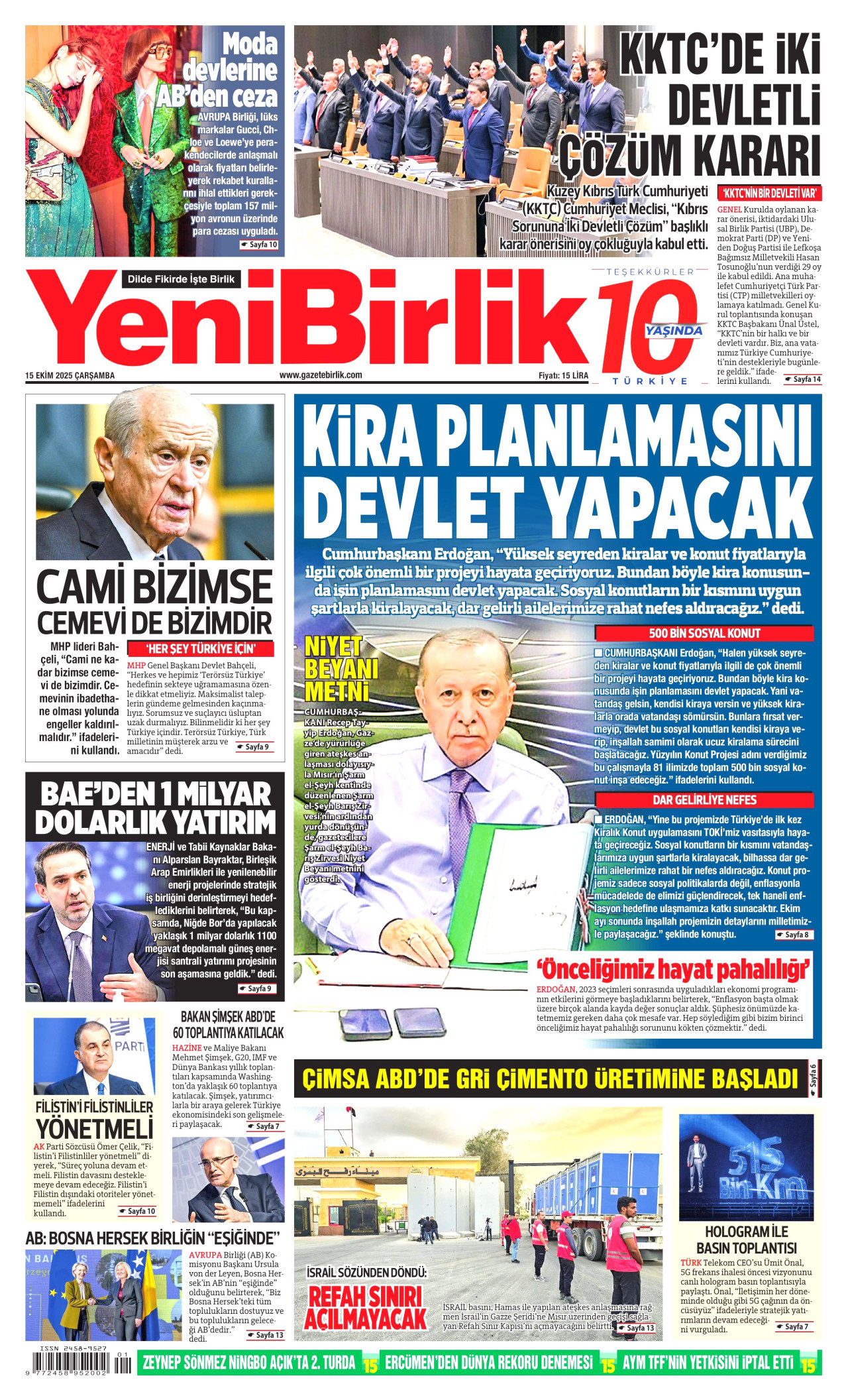 YENİBİRLİK gazetesinin 15 Ekim 2025 tarihli birinci sayfası