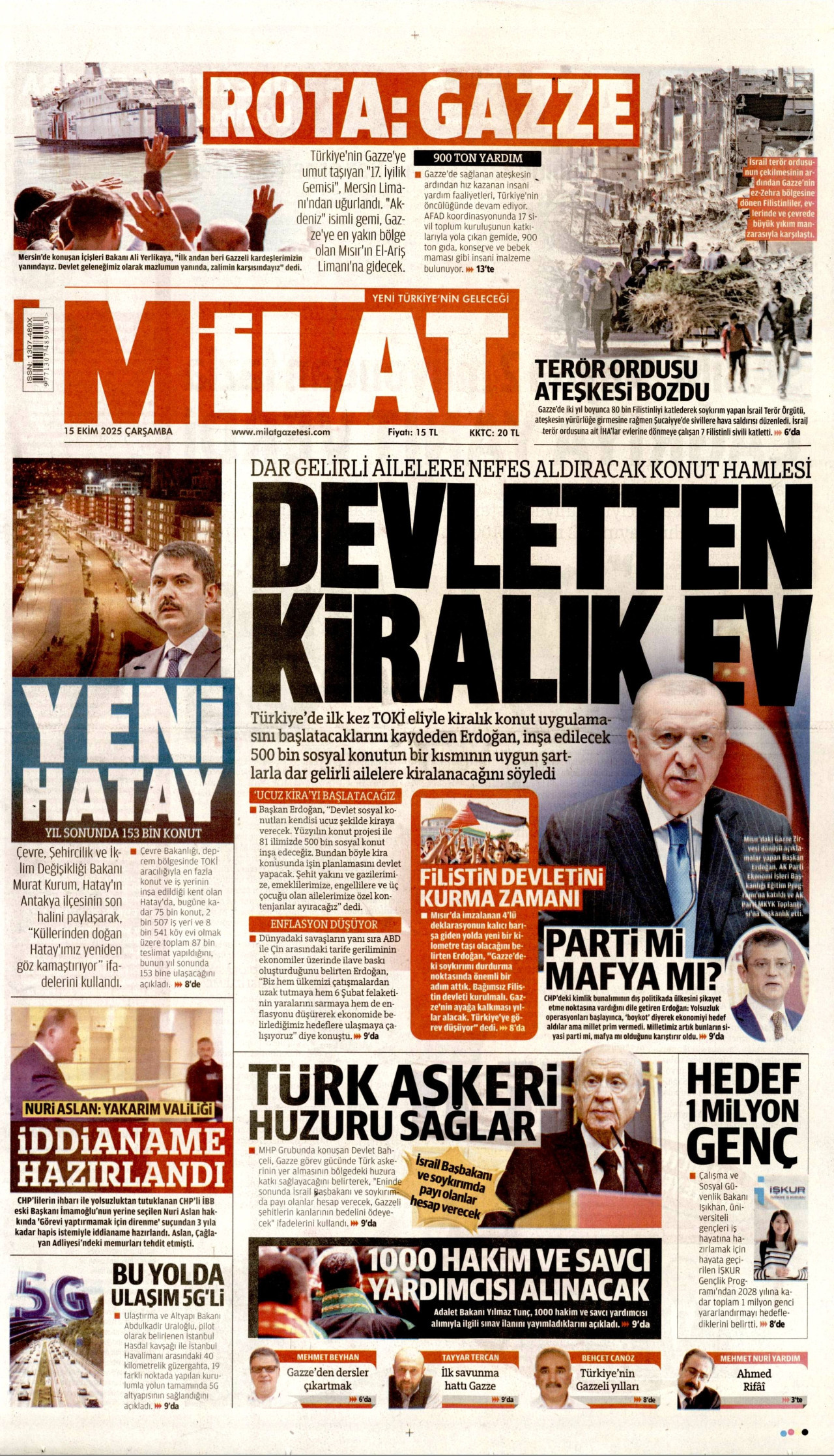 MİLAT gazetesinin 15 Ekim 2025 tarihli birinci sayfası