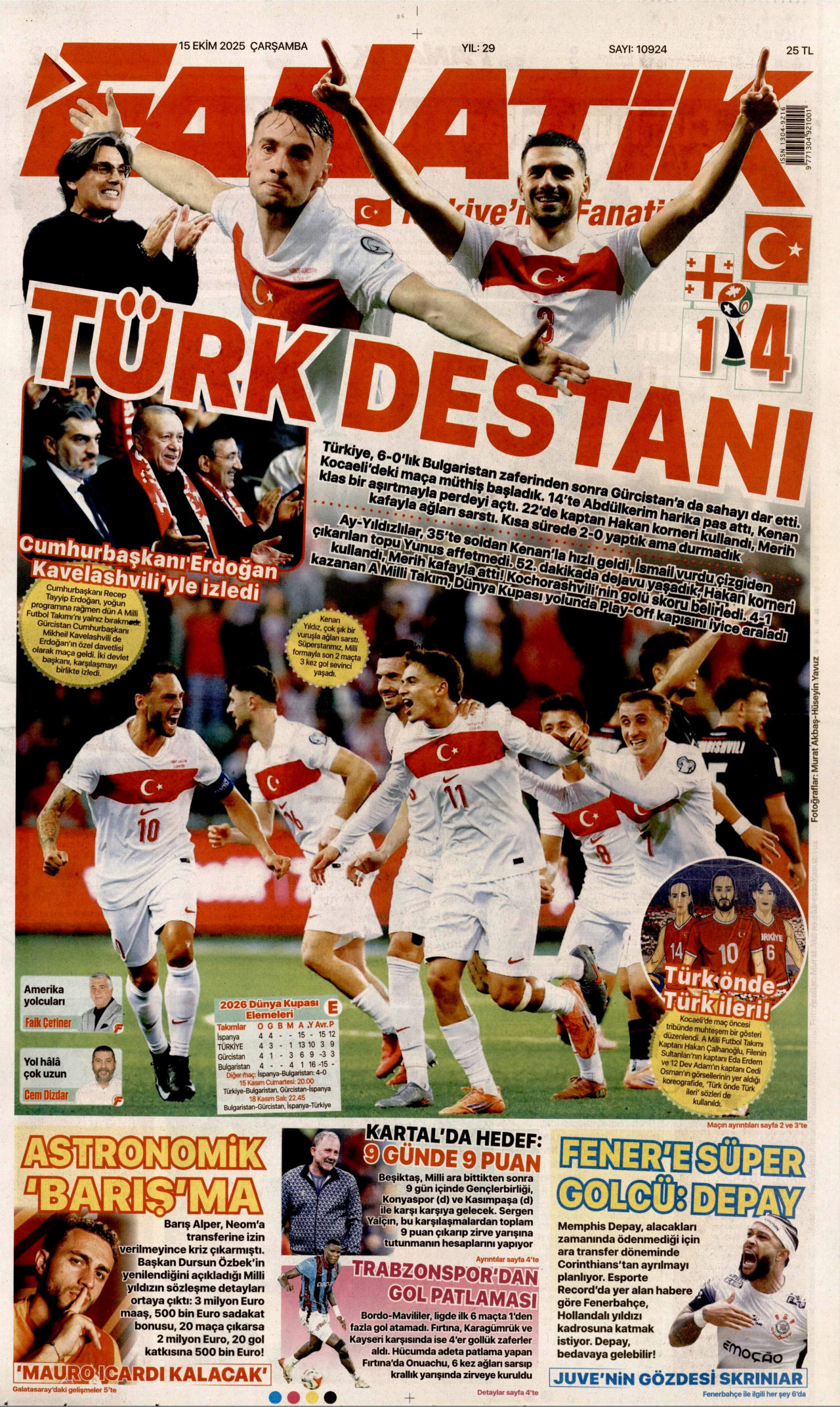FANATİK gazetesinin 15 Ekim 2025 tarihli birinci sayfası