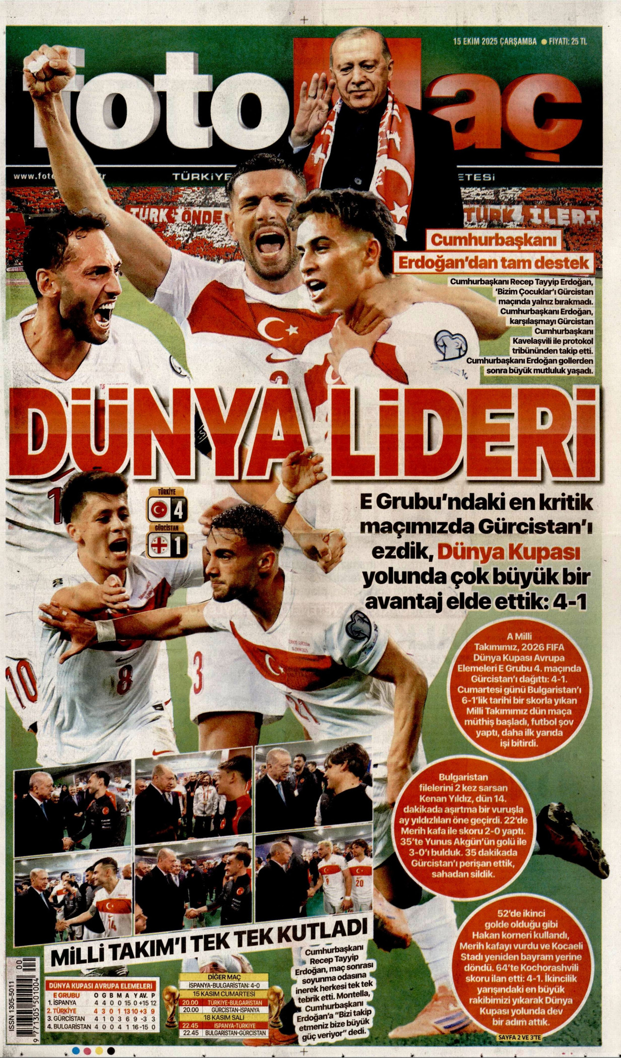 FOTOMAÇ gazetesinin 15 Ekim 2025 tarihli birinci sayfası