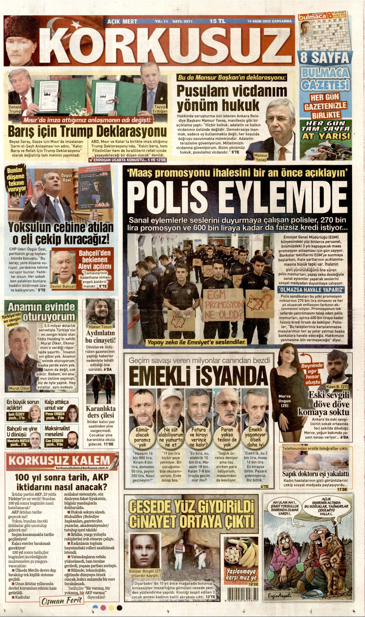 KORKUSUZ gazetesinin 15 Ekim 2025 tarihli birinci sayfası