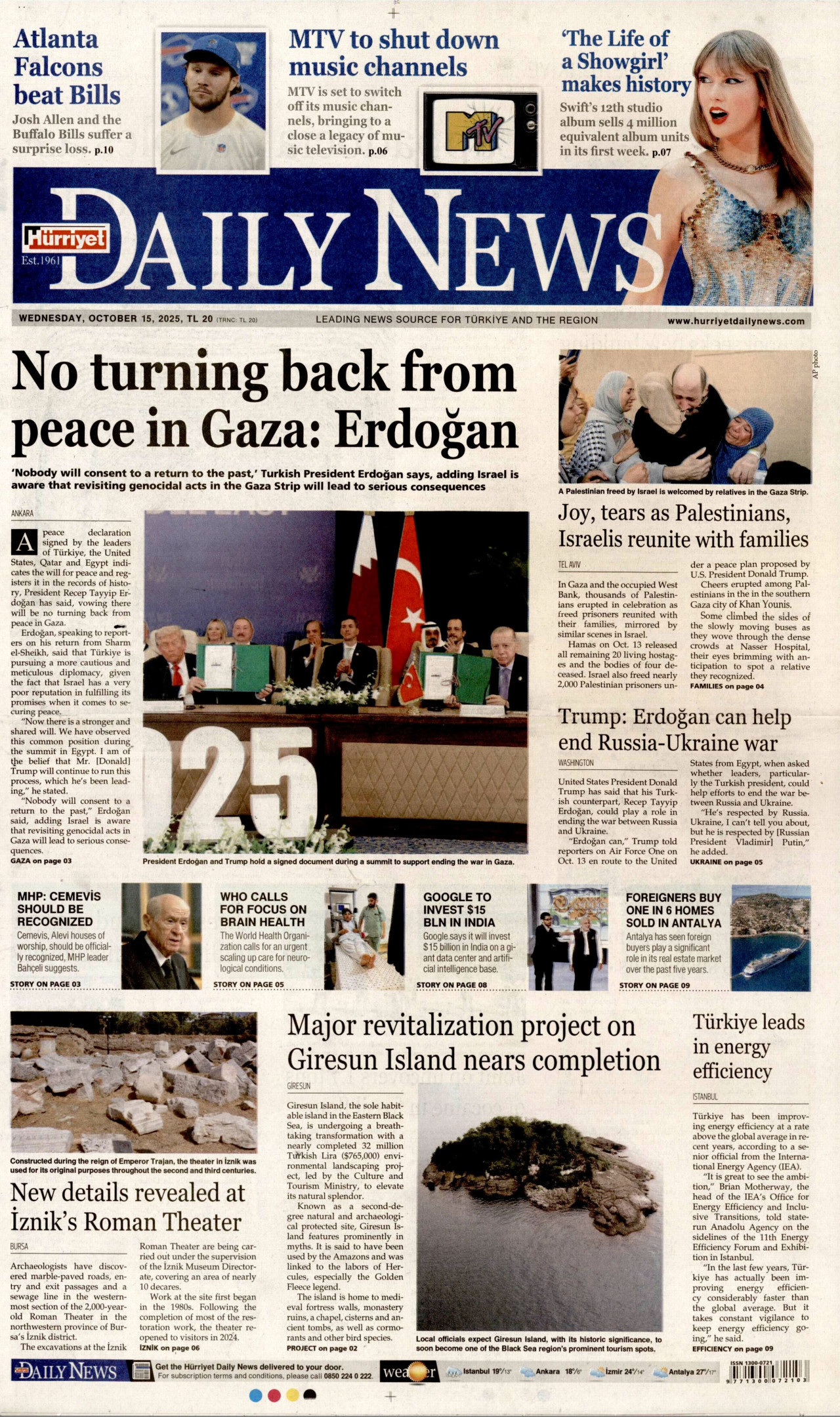 HÜRRİYET DAİLY NEWS gazetesinin 15 Ekim 2025 tarihli birinci sayfası