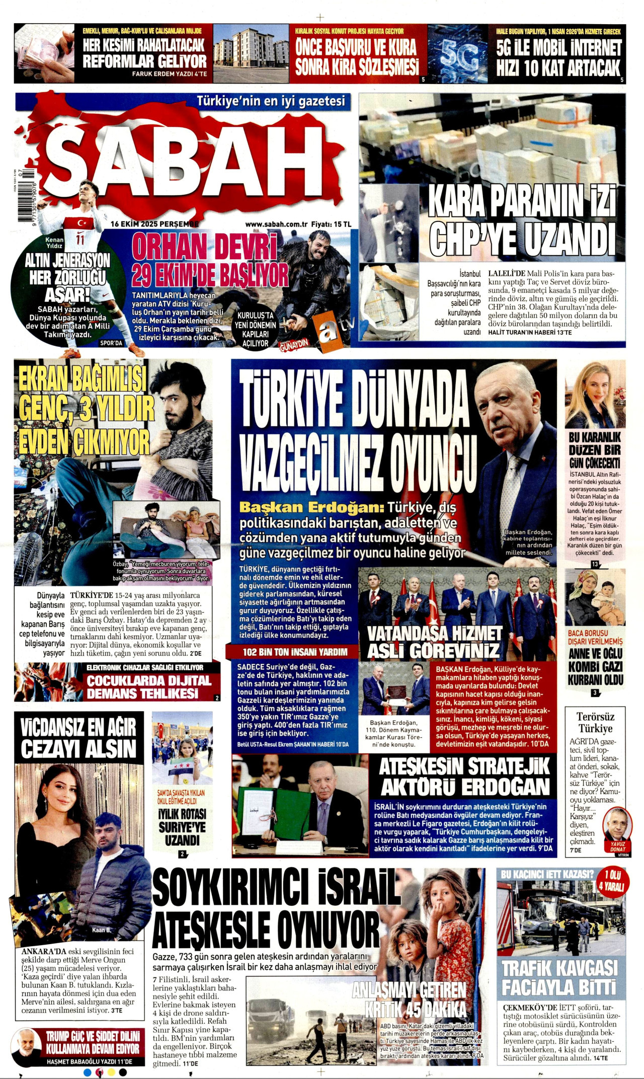 SABAH gazetesinin 16 Ekim 2025 tarihli birinci sayfası