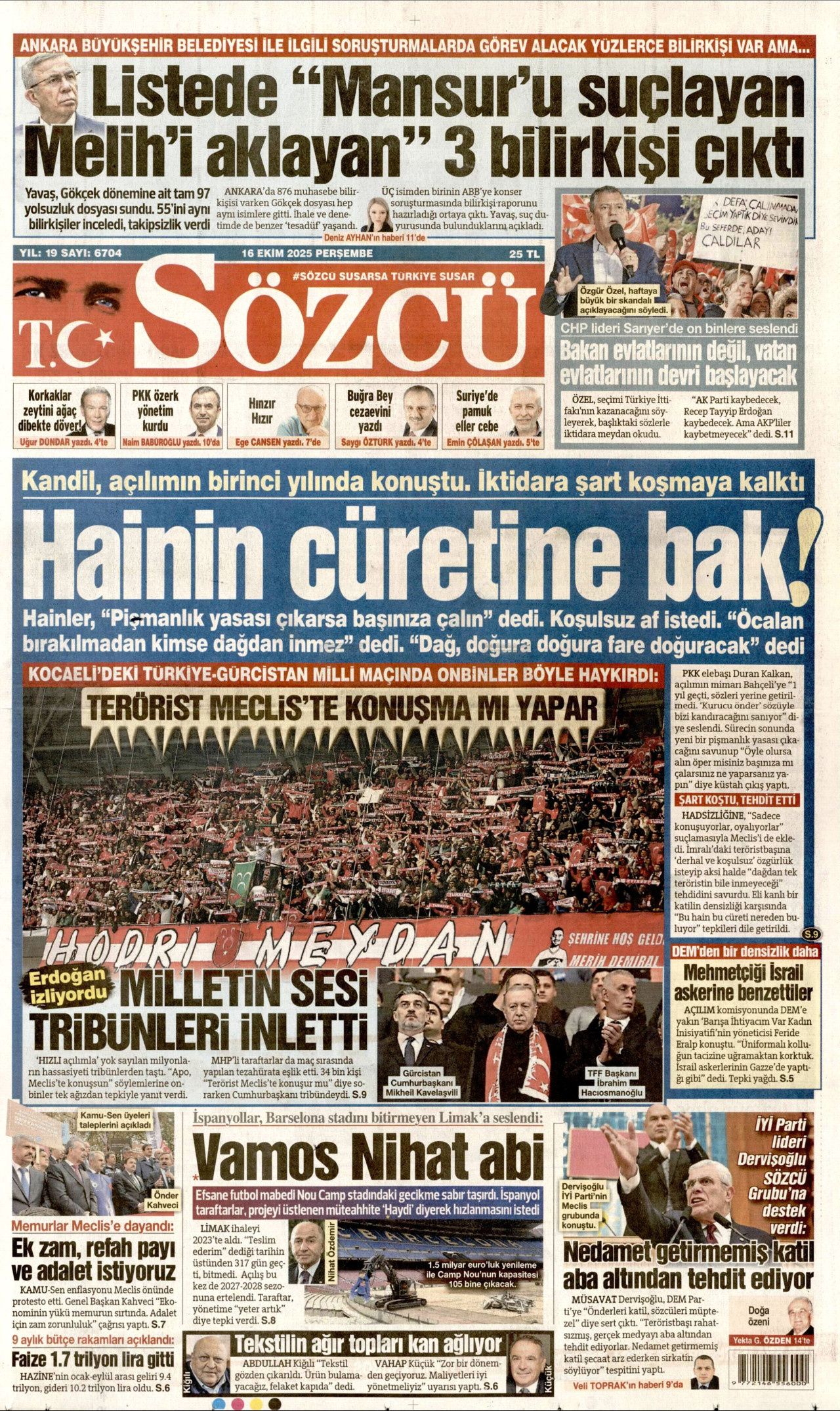 SÖZCÜ gazetesinin 16 Ekim 2025 tarihli birinci sayfası