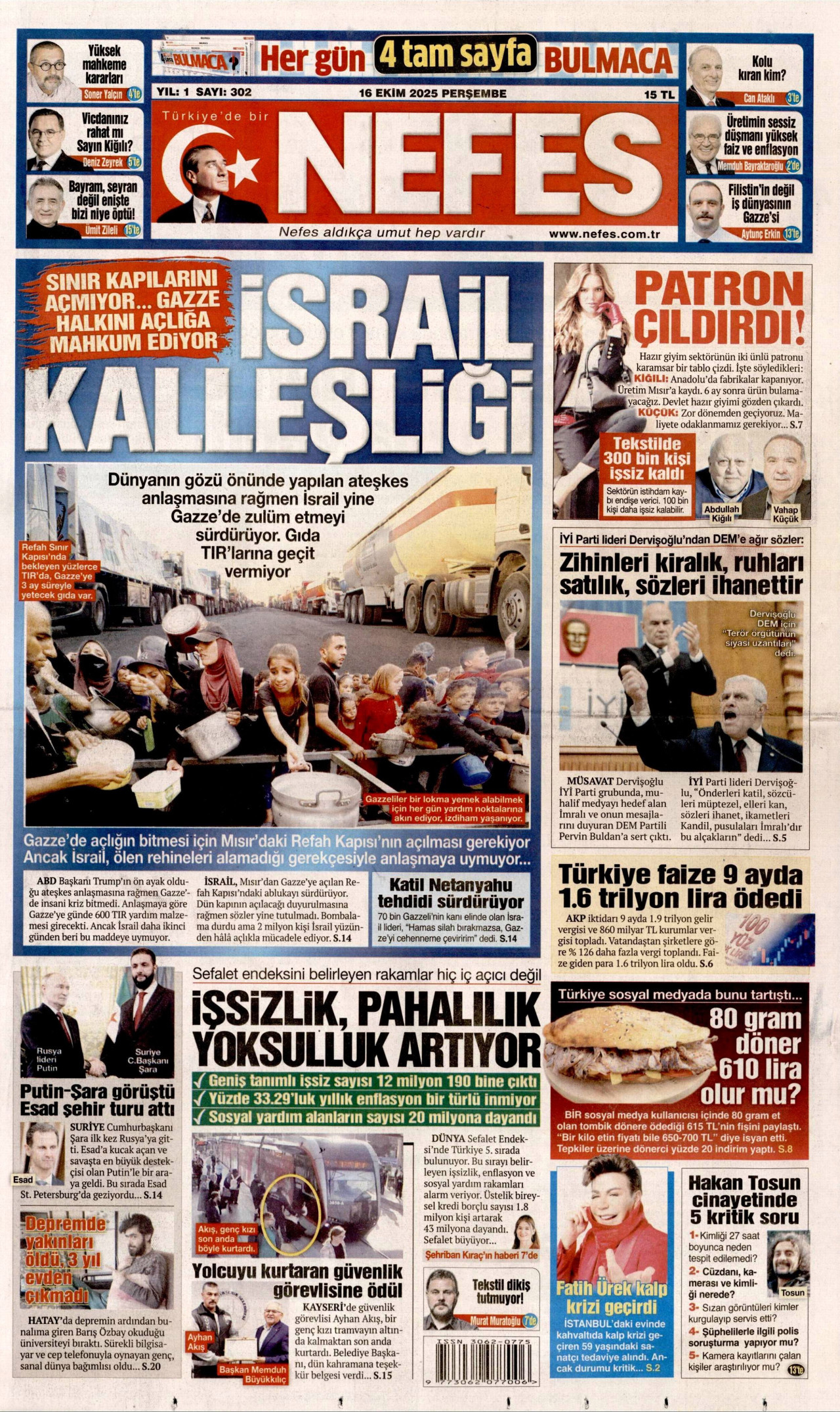 NEFES gazetesinin 16 Ekim 2025 tarihli birinci sayfası