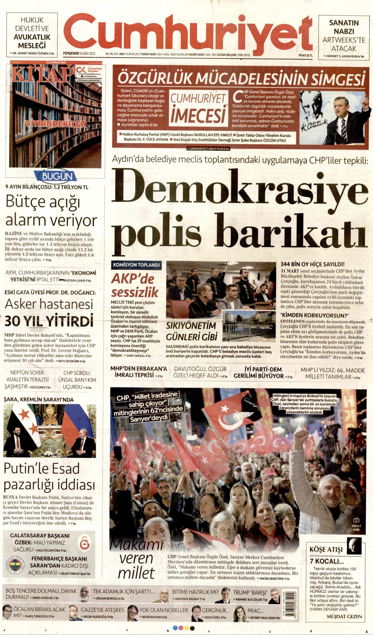 CUMHURİYET gazetesinin 16 Ekim 2025 tarihli birinci sayfası