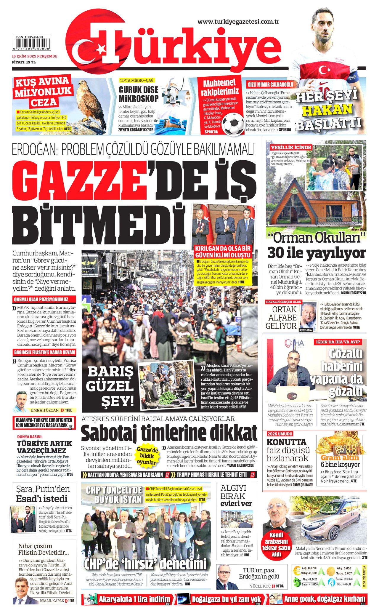 TÜRKİYE GAZETESİ gazetesinin 16 Ekim 2025 tarihli birinci sayfası