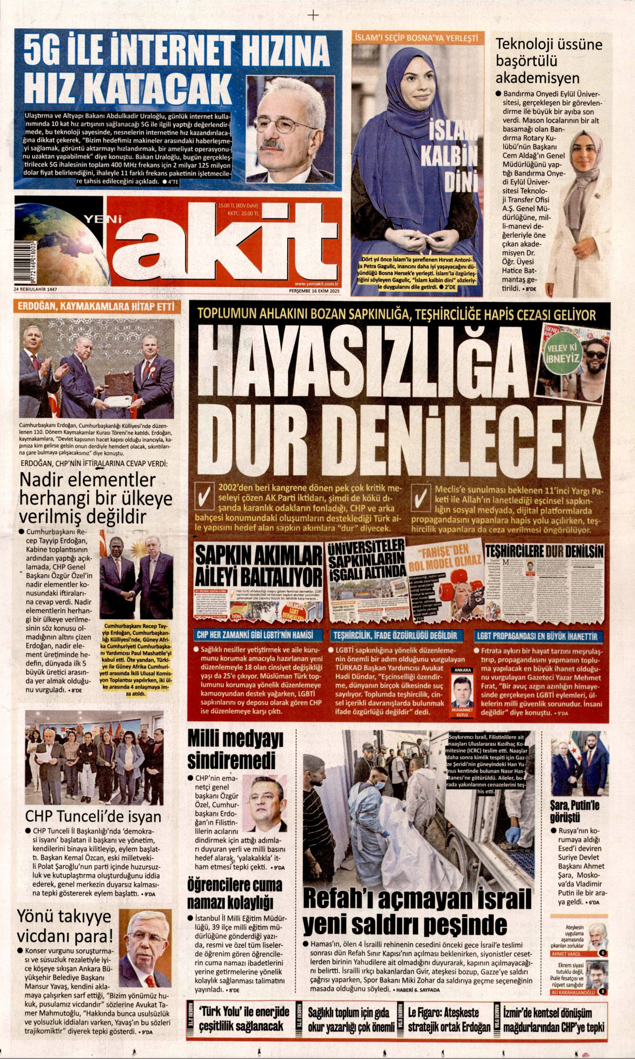 YENİ AKİT gazetesinin 16 Ekim 2025 tarihli birinci sayfası