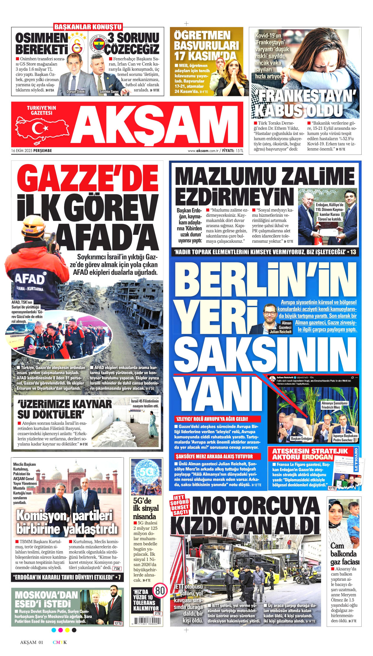 AKŞAM gazetesinin 16 Ekim 2025 tarihli birinci sayfası