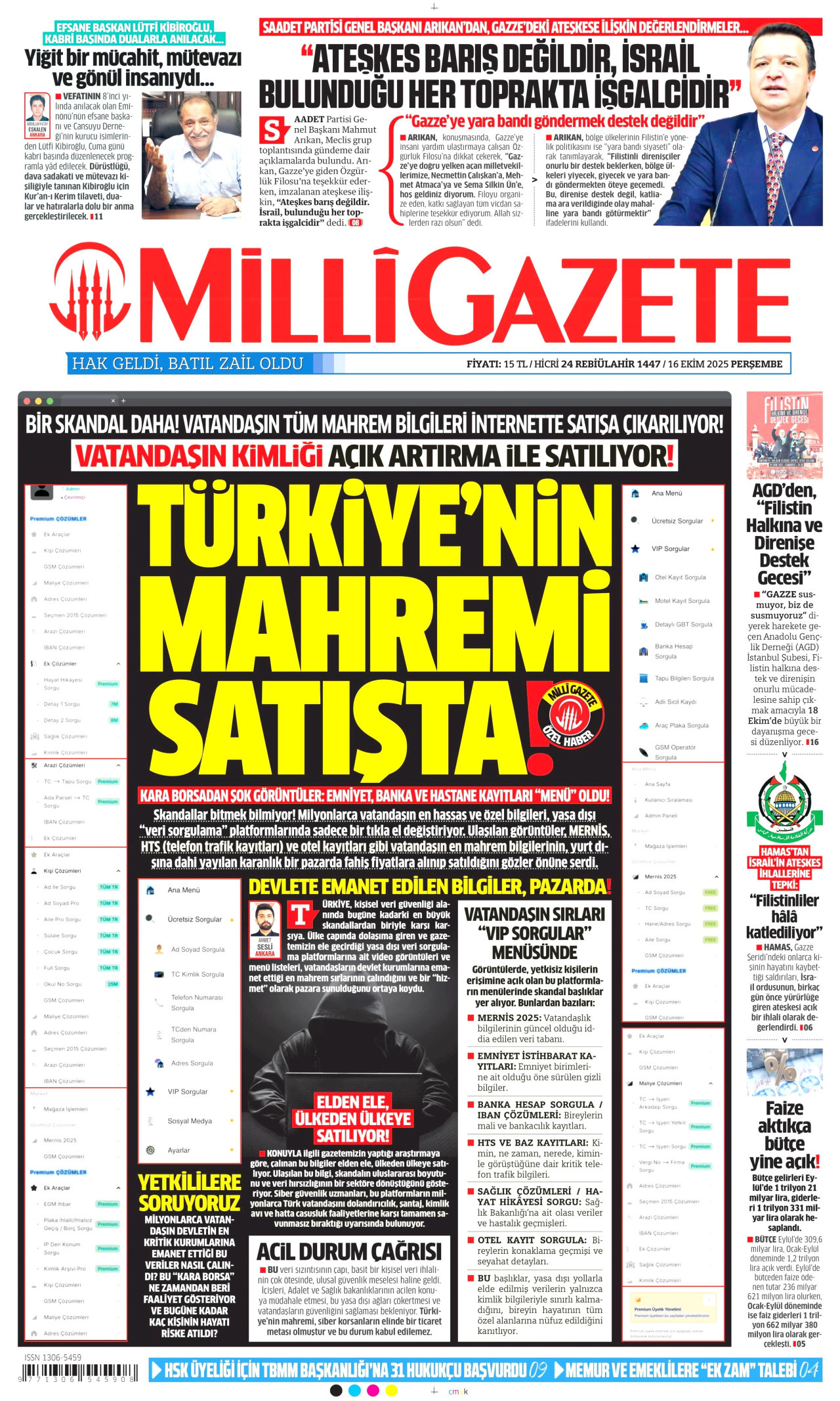 MİLLİ GAZETE gazetesinin 16 Ekim 2025 tarihli birinci sayfası
