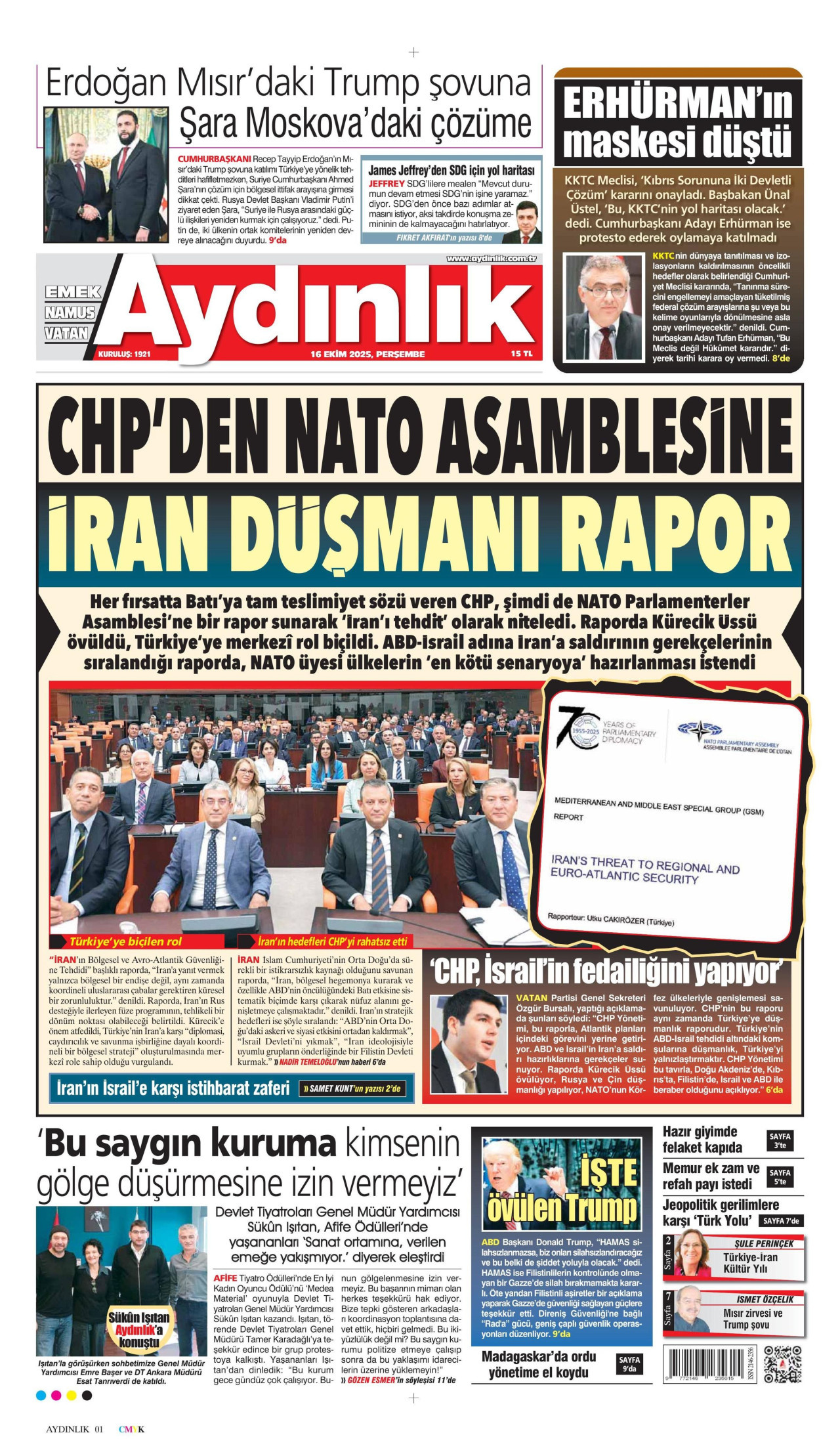 AYDINLIK GAZETESİ gazetesinin 16 Ekim 2025 tarihli birinci sayfası