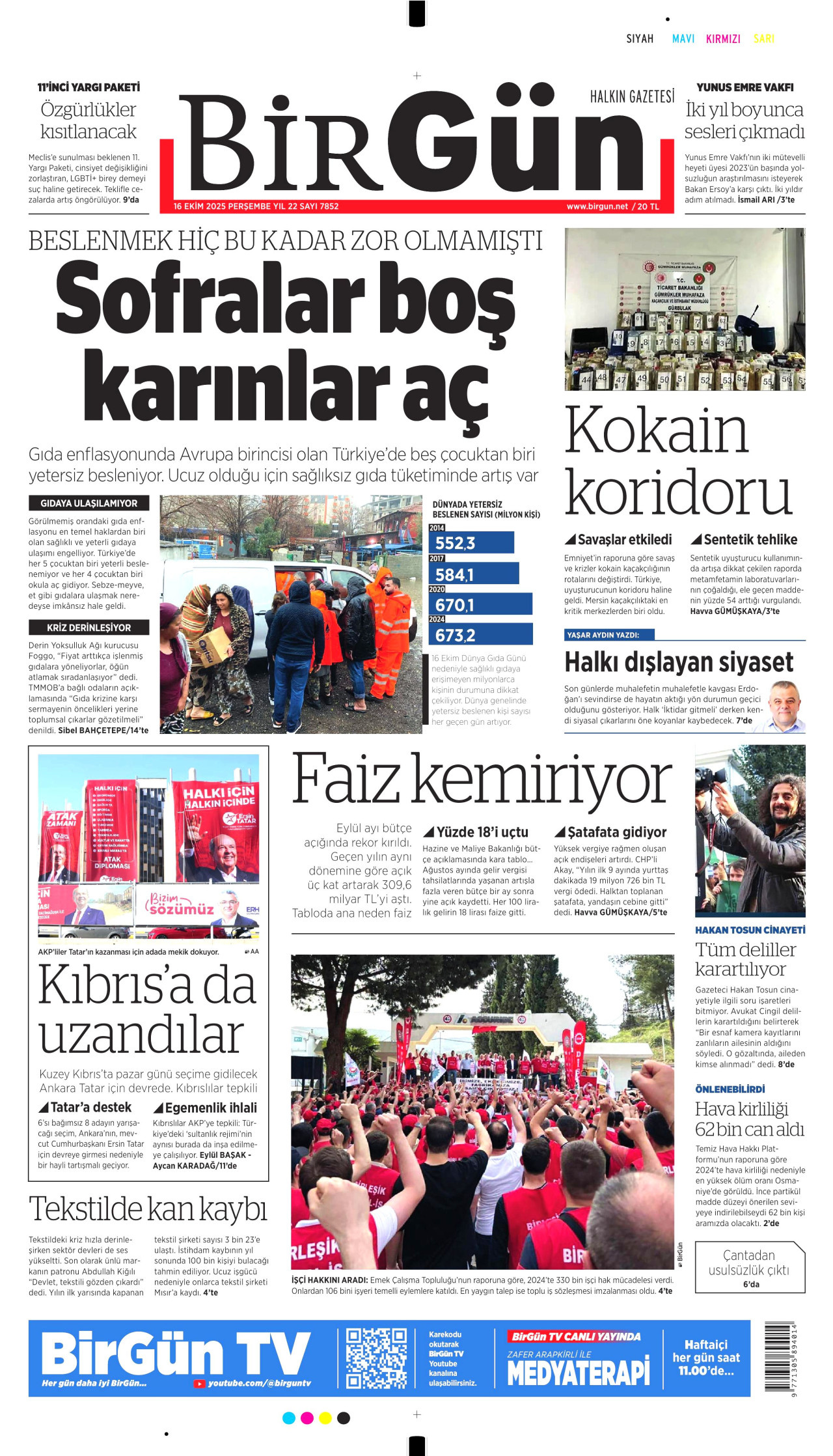 BİRGÜN gazetesinin 16 Ekim 2025 tarihli birinci sayfası
