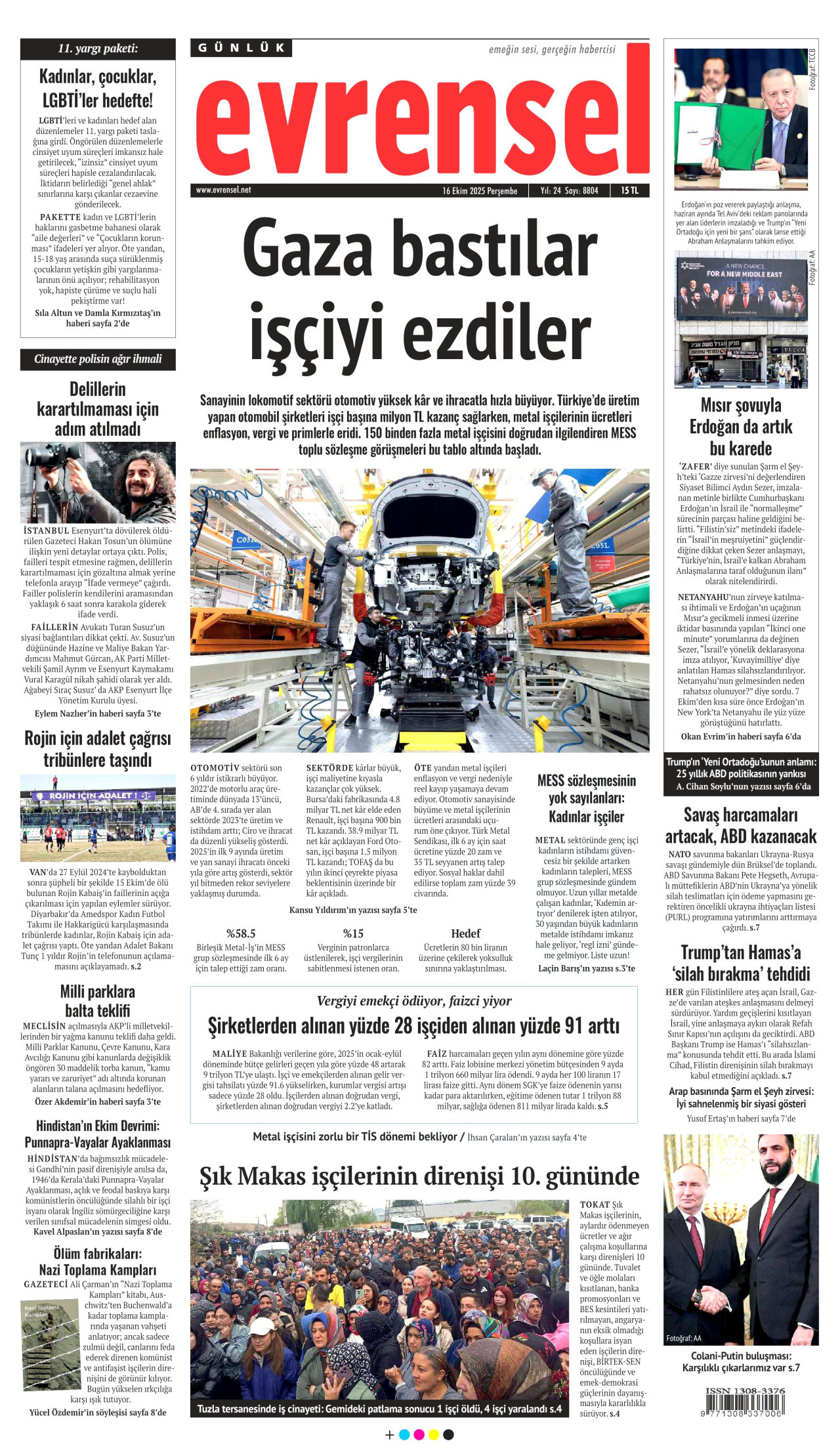 EVRENSEL gazetesinin 16 Ekim 2025 tarihli birinci sayfası