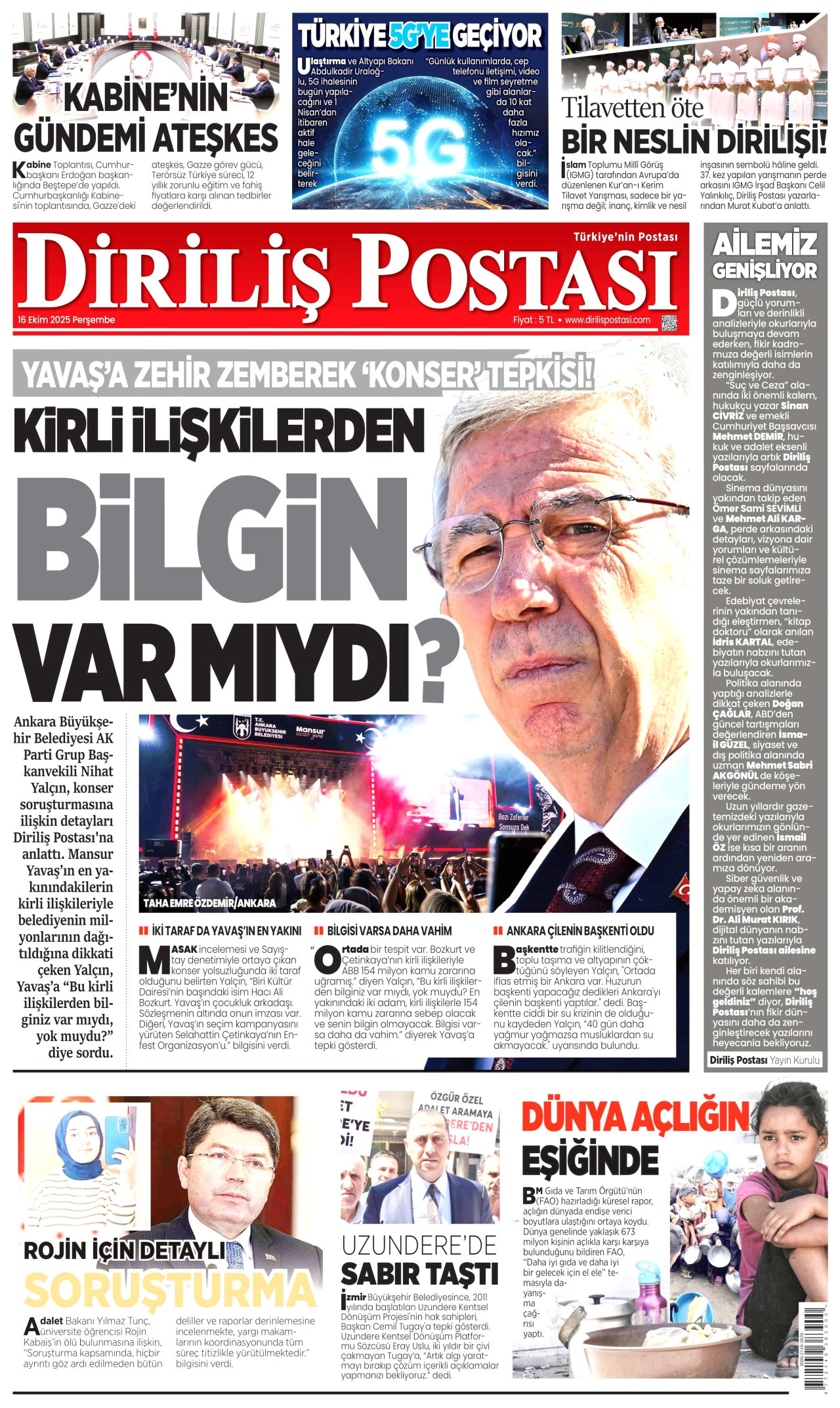 DİRİLİŞ POSTASI gazetesinin 16 Ekim 2025 tarihli birinci sayfası