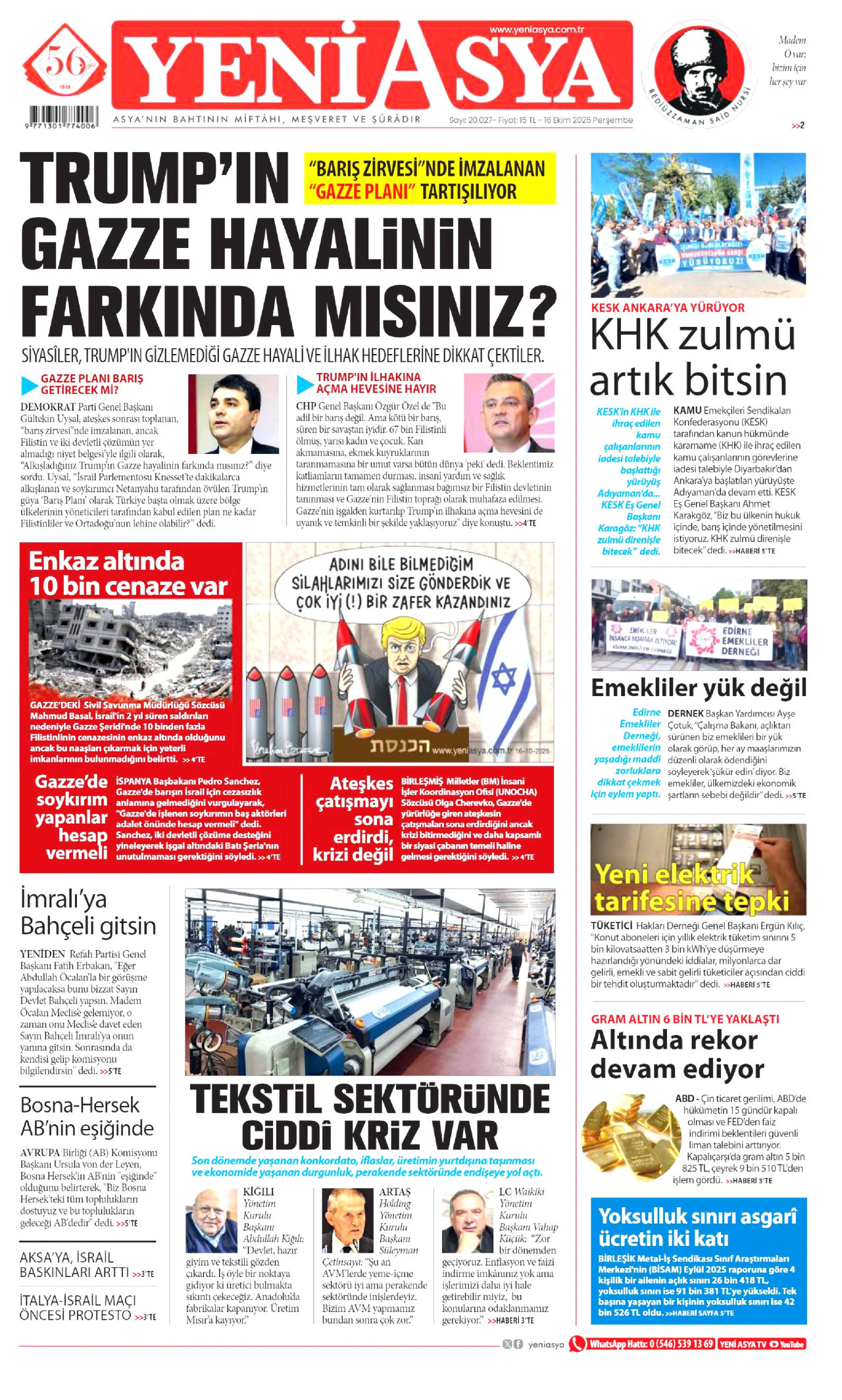 YENİ ASYA gazetesinin 16 Ekim 2025 tarihli birinci sayfası
