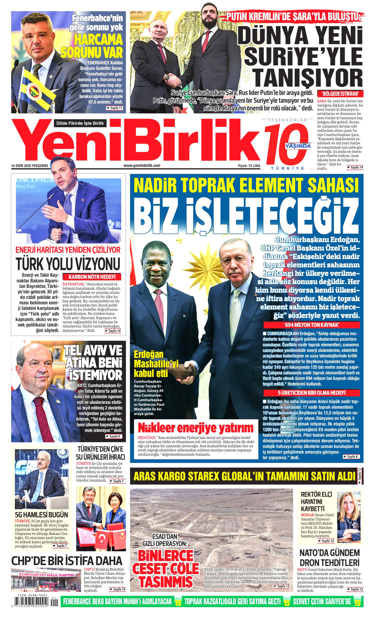 YENİBİRLİK gazetesinin 16 Ekim 2025 tarihli birinci sayfası