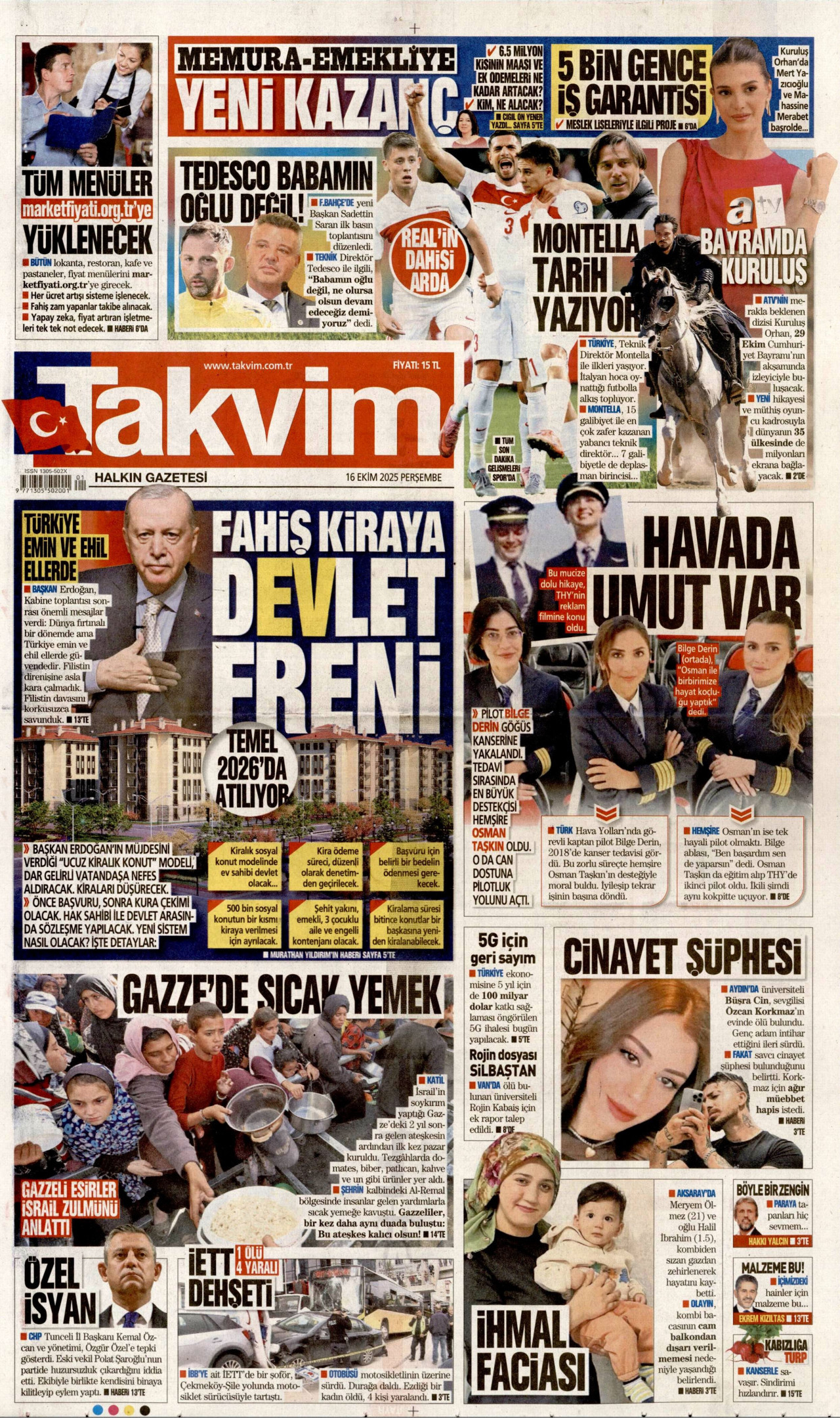 TAKVİM gazetesinin 16 Ekim 2025 tarihli birinci sayfası