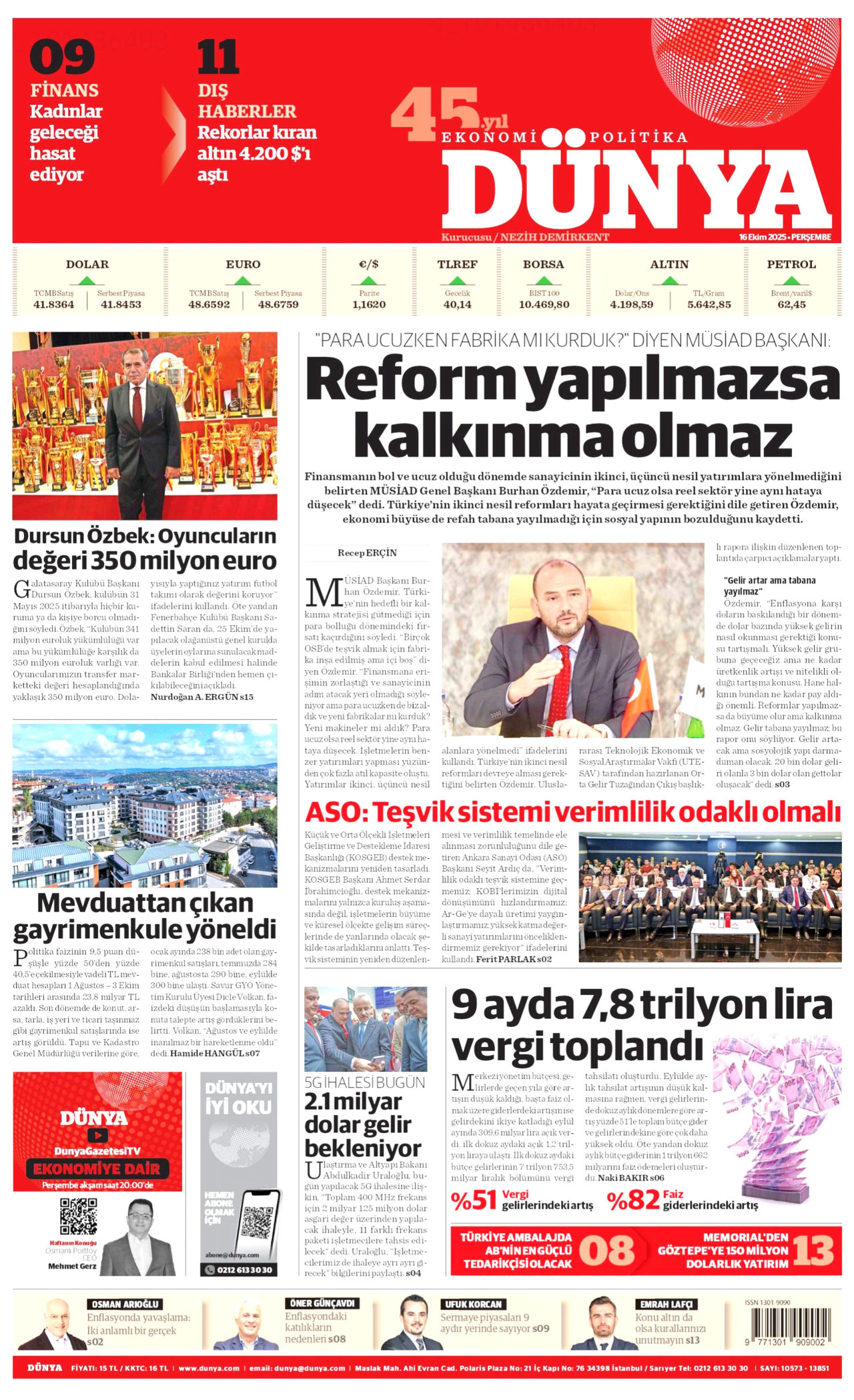 DÜNYA gazetesinin 16 Ekim 2025 tarihli birinci sayfası