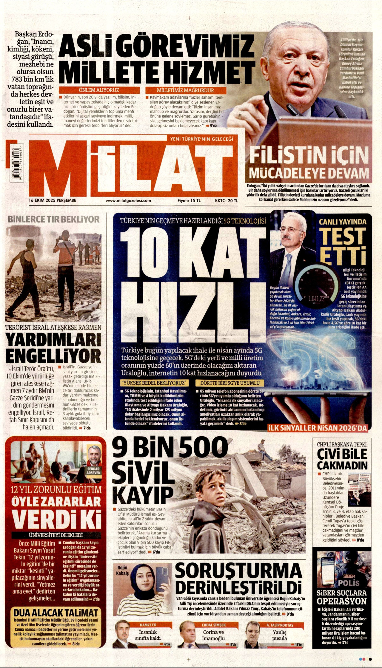 MİLAT gazetesinin 16 Ekim 2025 tarihli birinci sayfası