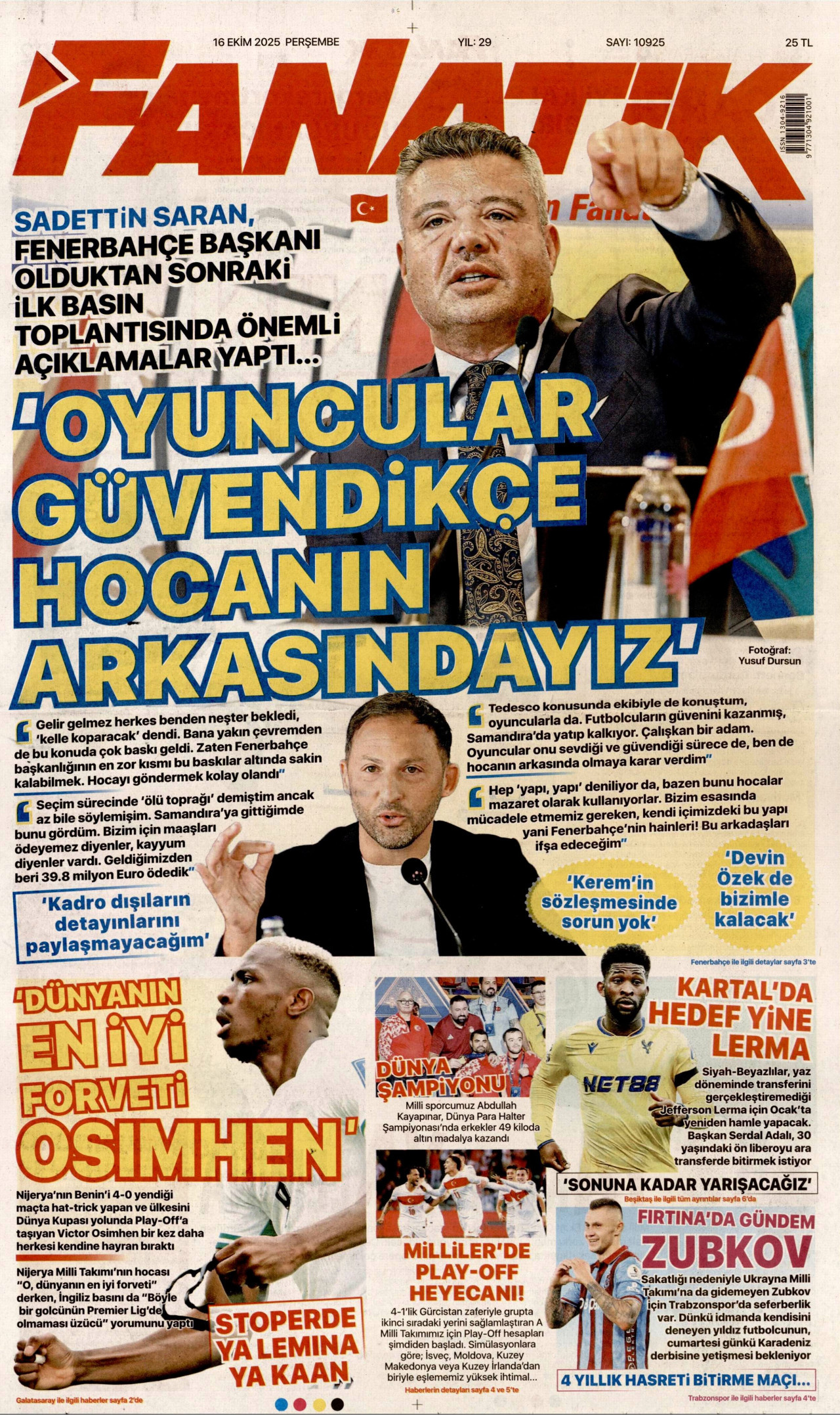 FANATİK gazetesinin 16 Ekim 2025 tarihli birinci sayfası