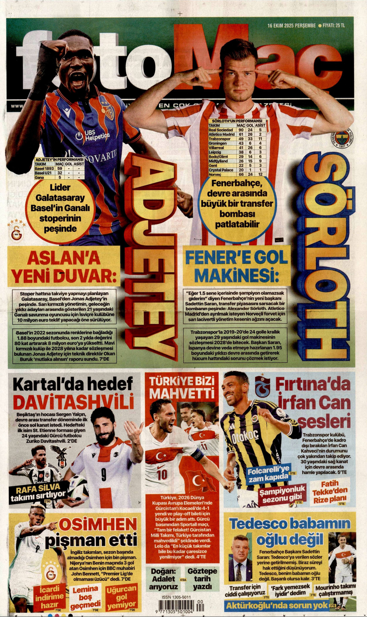 FOTOMAÇ gazetesinin 16 Ekim 2025 tarihli birinci sayfası