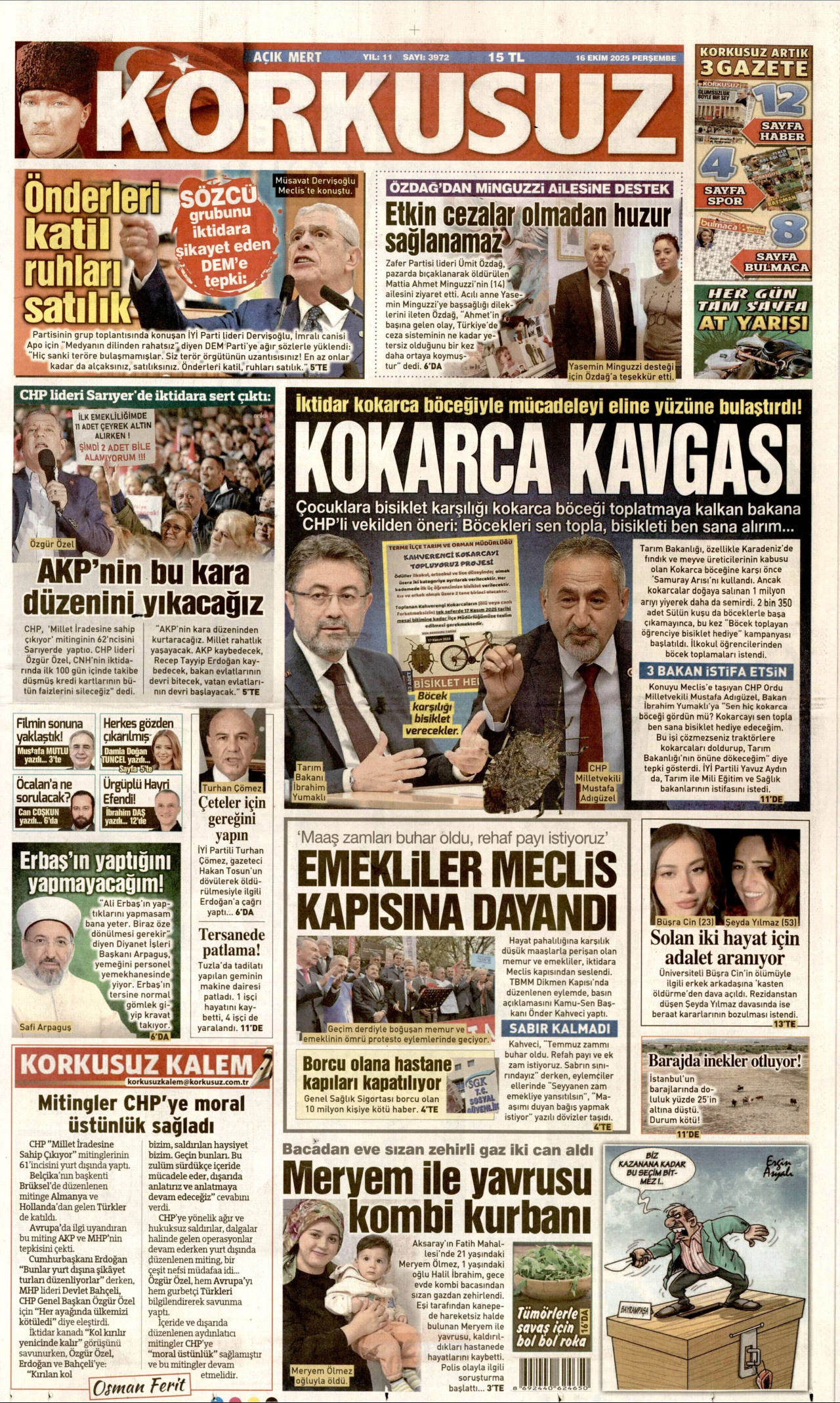 KORKUSUZ gazetesinin 16 Ekim 2025 tarihli birinci sayfası
