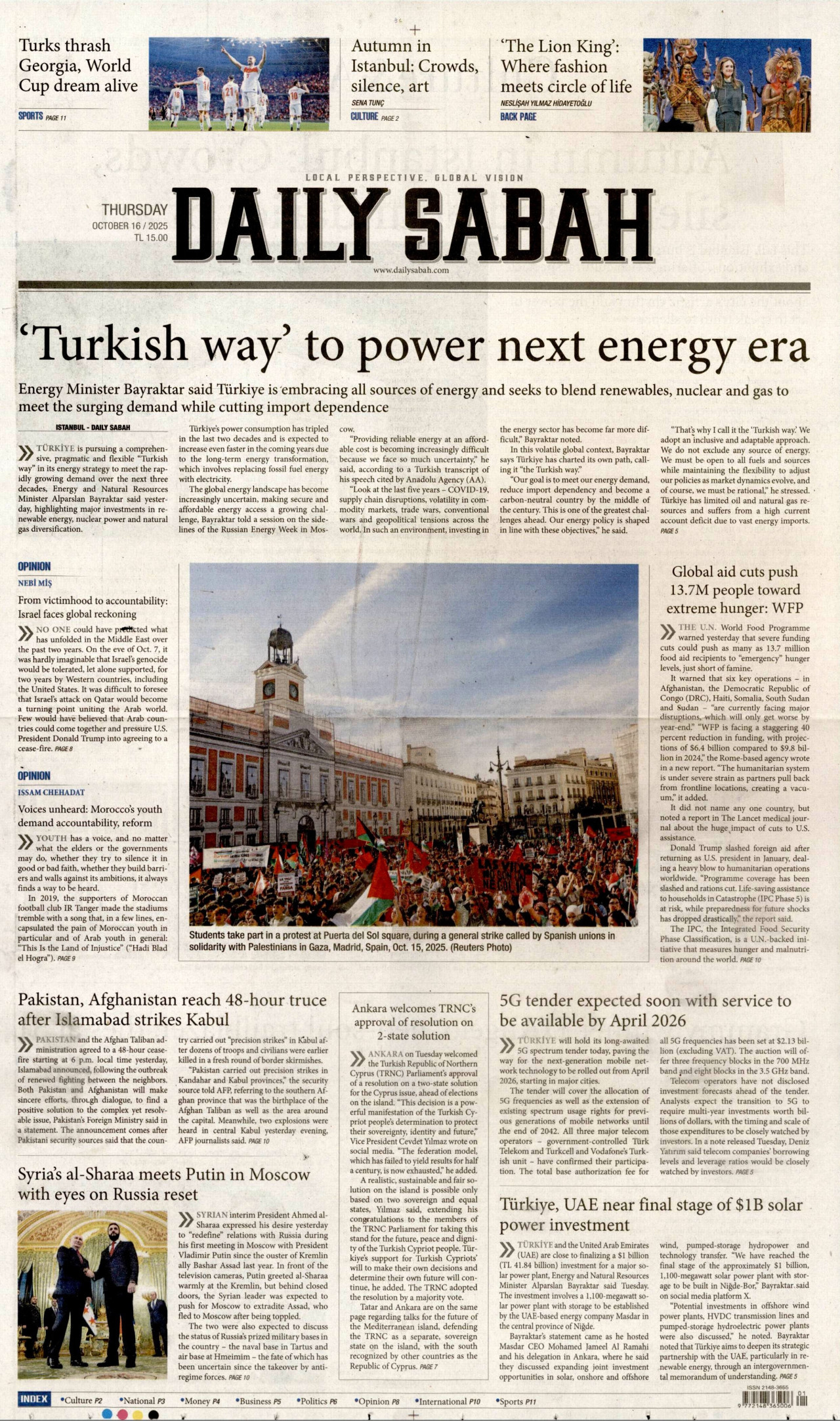 DAİLY SABAH gazetesinin 16 Ekim 2025 tarihli birinci sayfası