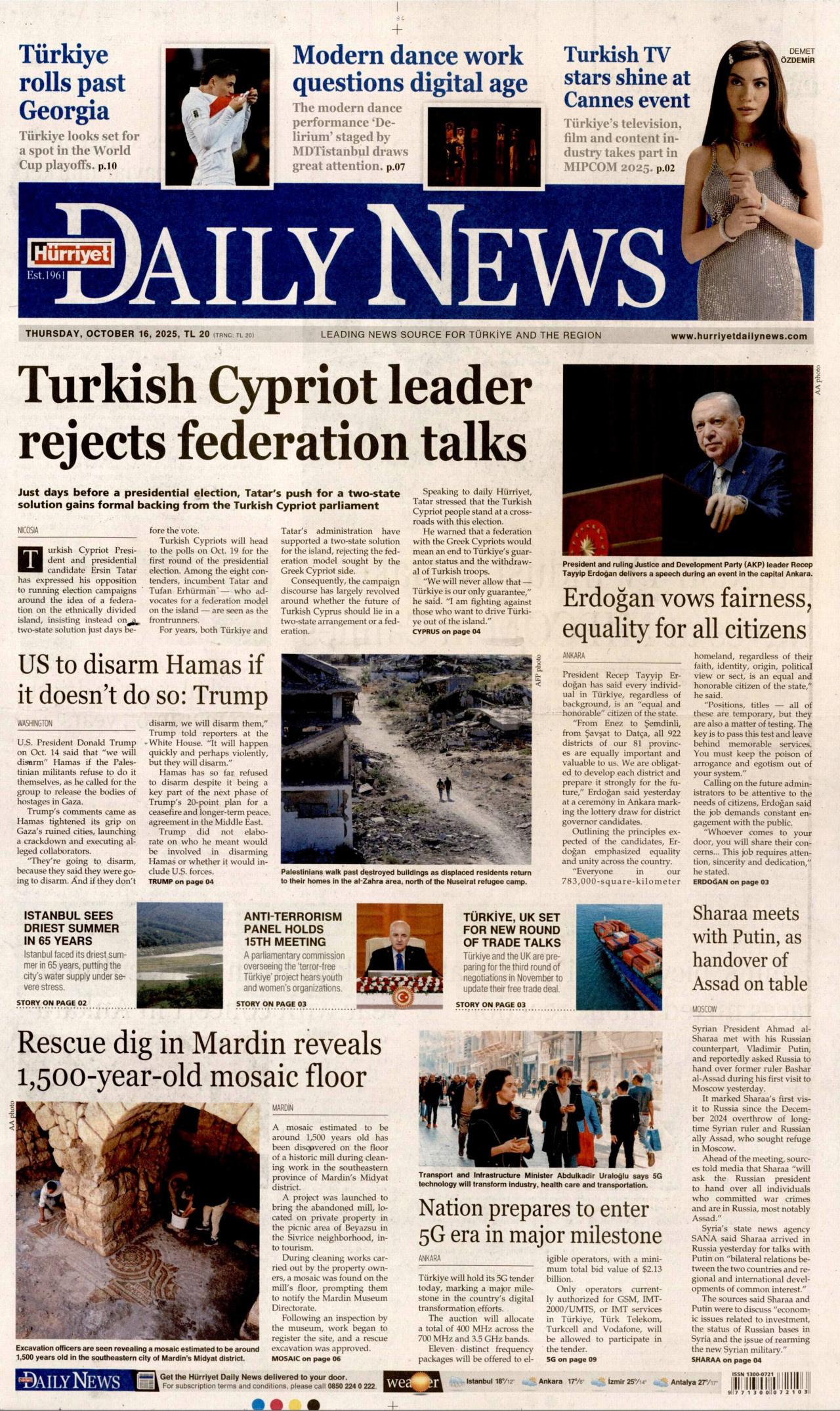 HÜRRİYET DAİLY NEWS gazetesinin 16 Ekim 2025 tarihli birinci sayfası