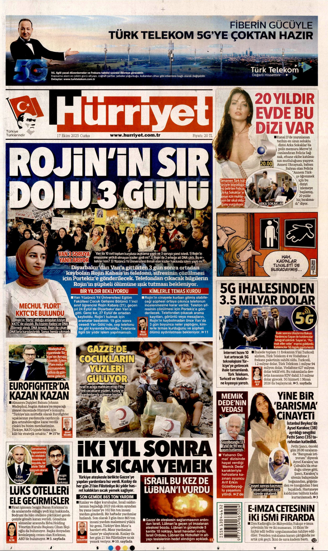 HÜRRİYET gazetesinin 17 Ekim 2025 tarihli birinci sayfası