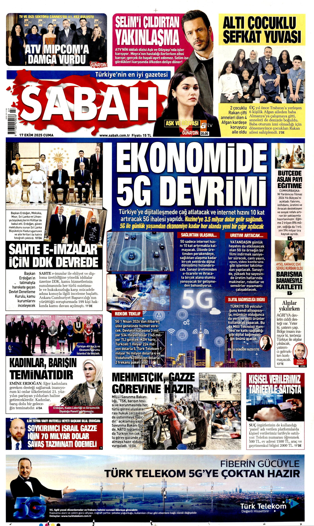 SABAH gazetesinin 17 Ekim 2025 tarihli birinci sayfası