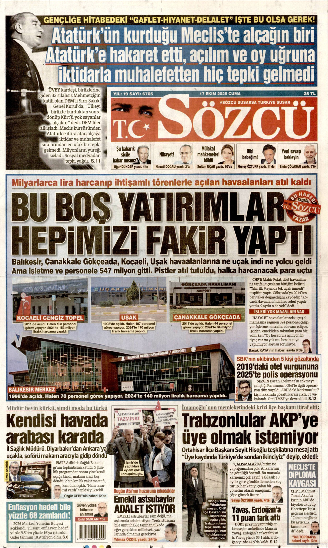 SÖZCÜ gazetesinin 17 Ekim 2025 tarihli birinci sayfası