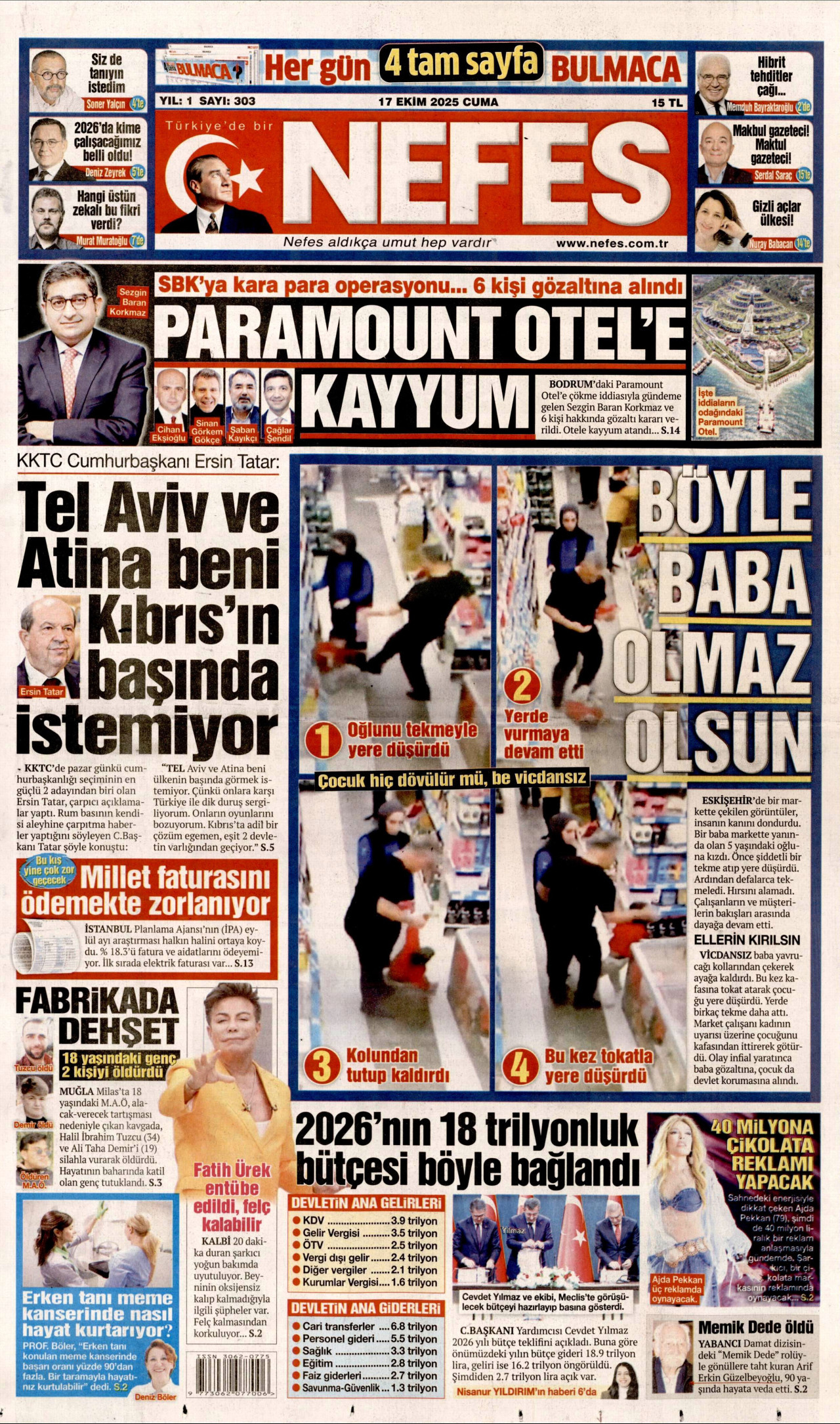 NEFES gazetesinin 17 Ekim 2025 tarihli birinci sayfası