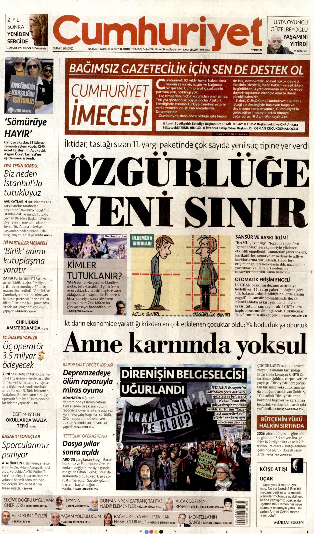 CUMHURİYET gazetesinin 17 Ekim 2025 tarihli birinci sayfası