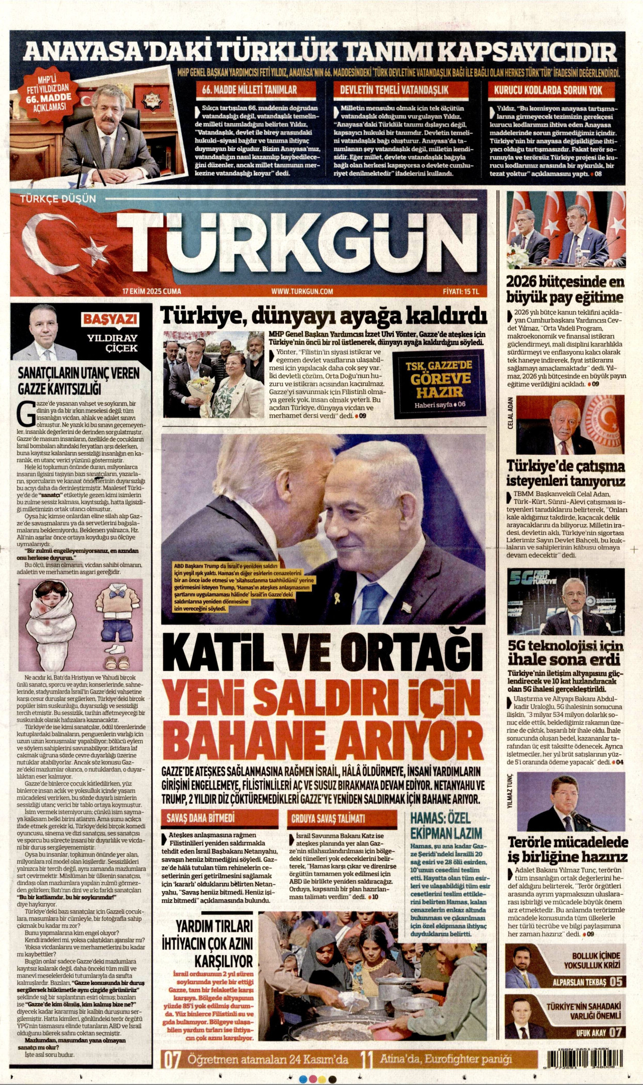 TÜRKGÜN gazetesinin 17 Ekim 2025 tarihli birinci sayfası