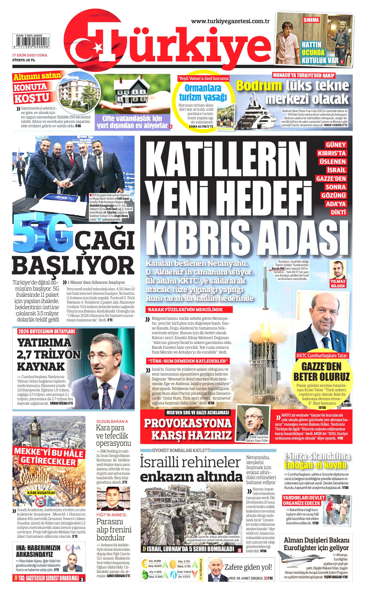 TÜRKİYE GAZETESİ gazetesinin 17 Ekim 2025 tarihli birinci sayfası