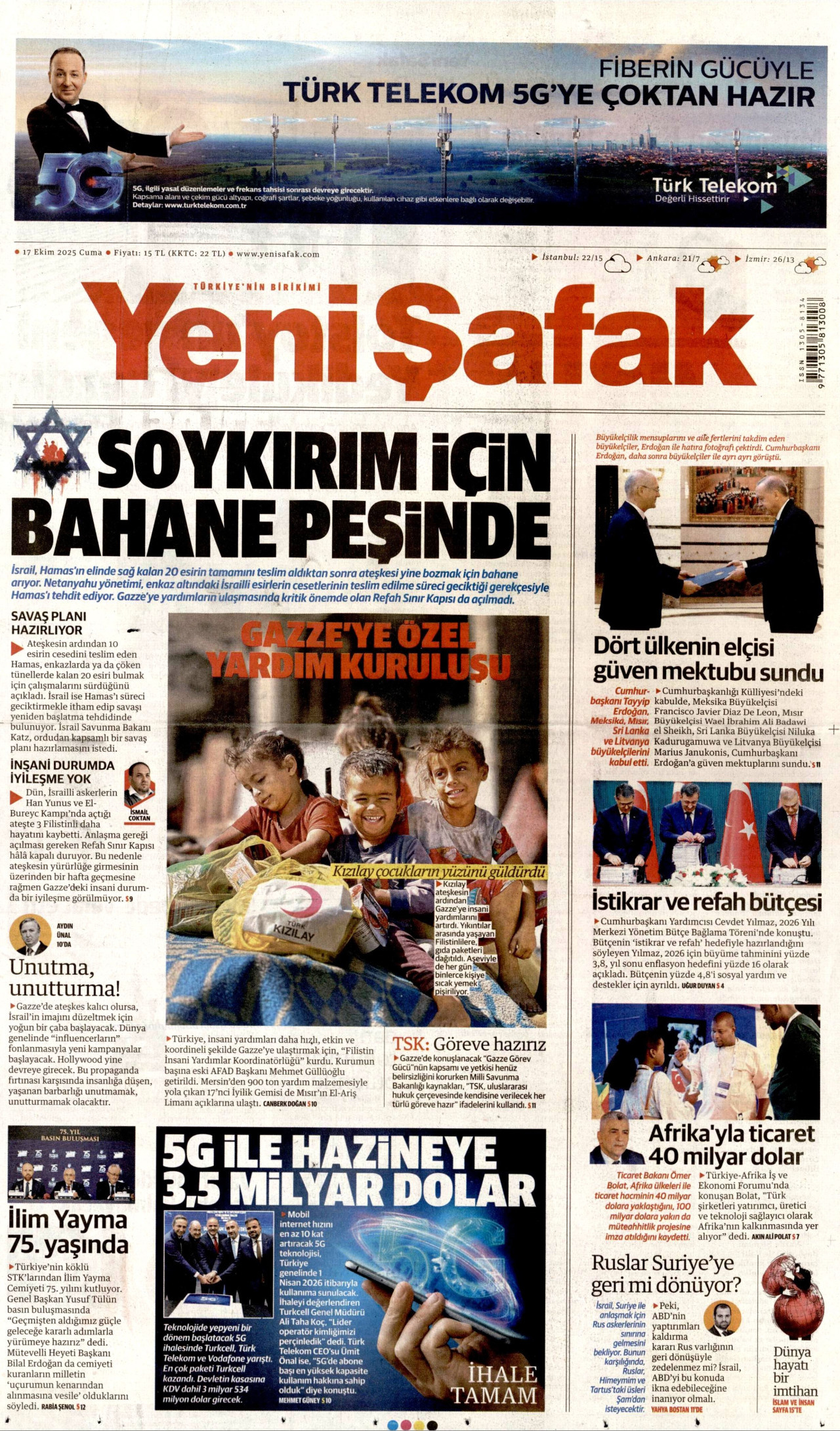 YENİ ŞAFAK gazetesinin 17 Ekim 2025 tarihli birinci sayfası