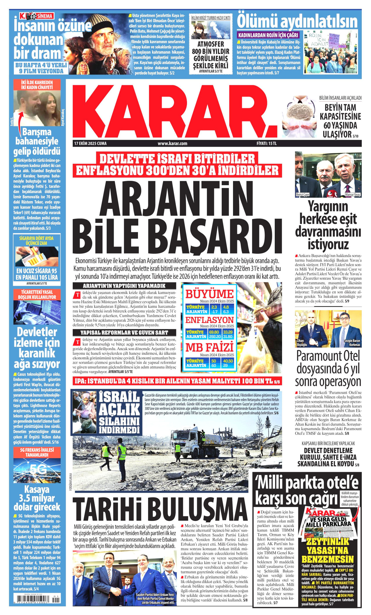 KARAR gazetesinin 17 Ekim 2025 tarihli birinci sayfası