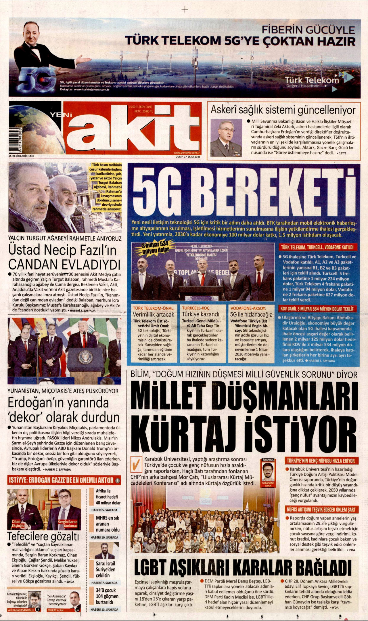 YENİ AKİT gazetesinin 17 Ekim 2025 tarihli birinci sayfası
