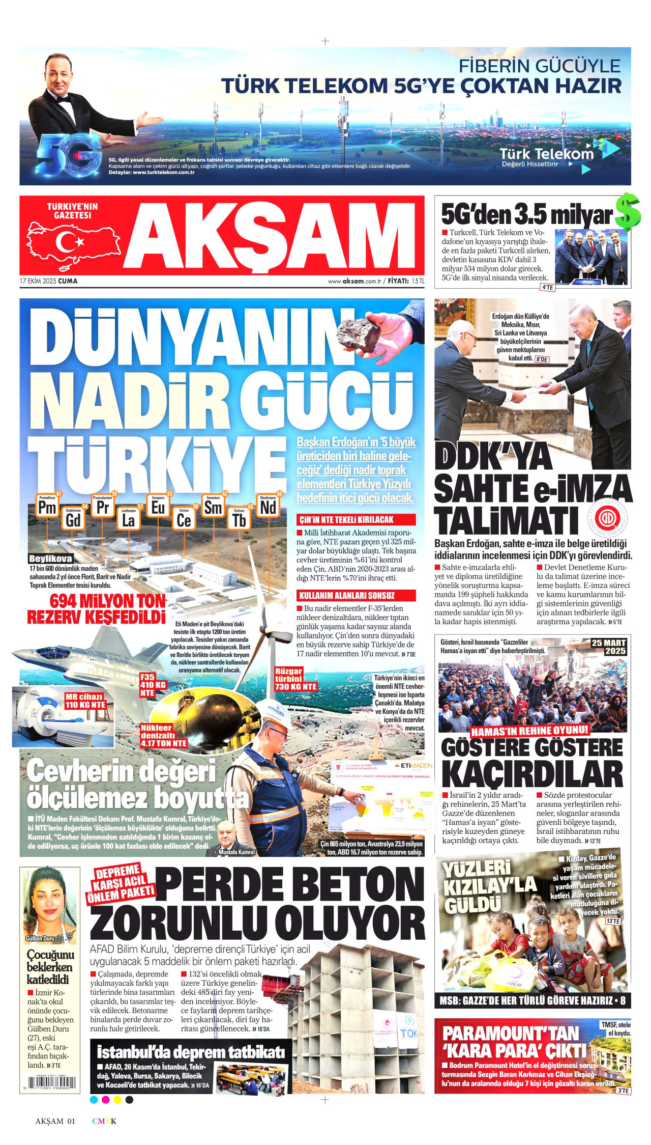 AKŞAM gazetesinin 17 Ekim 2025 tarihli birinci sayfası