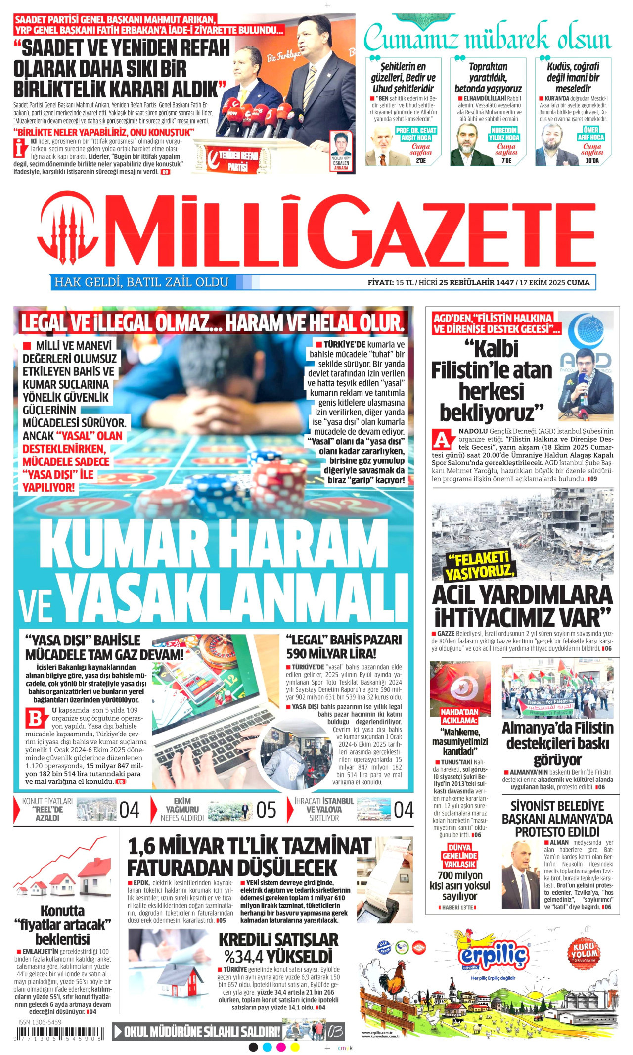 MİLLİ GAZETE gazetesinin 17 Ekim 2025 tarihli birinci sayfası