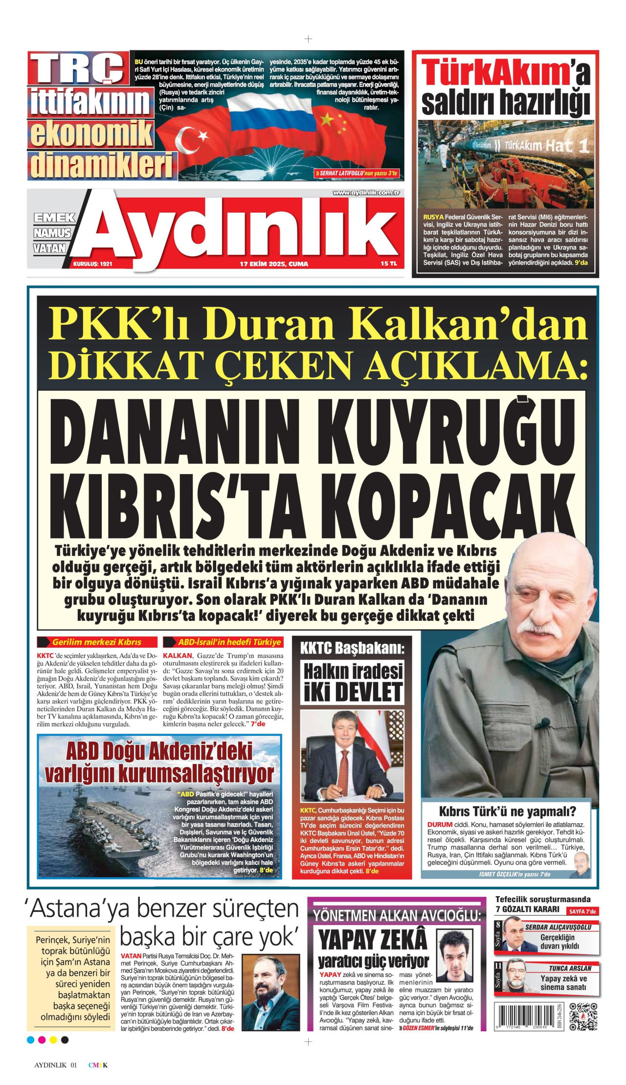 AYDINLIK GAZETESİ gazetesinin 17 Ekim 2025 tarihli birinci sayfası