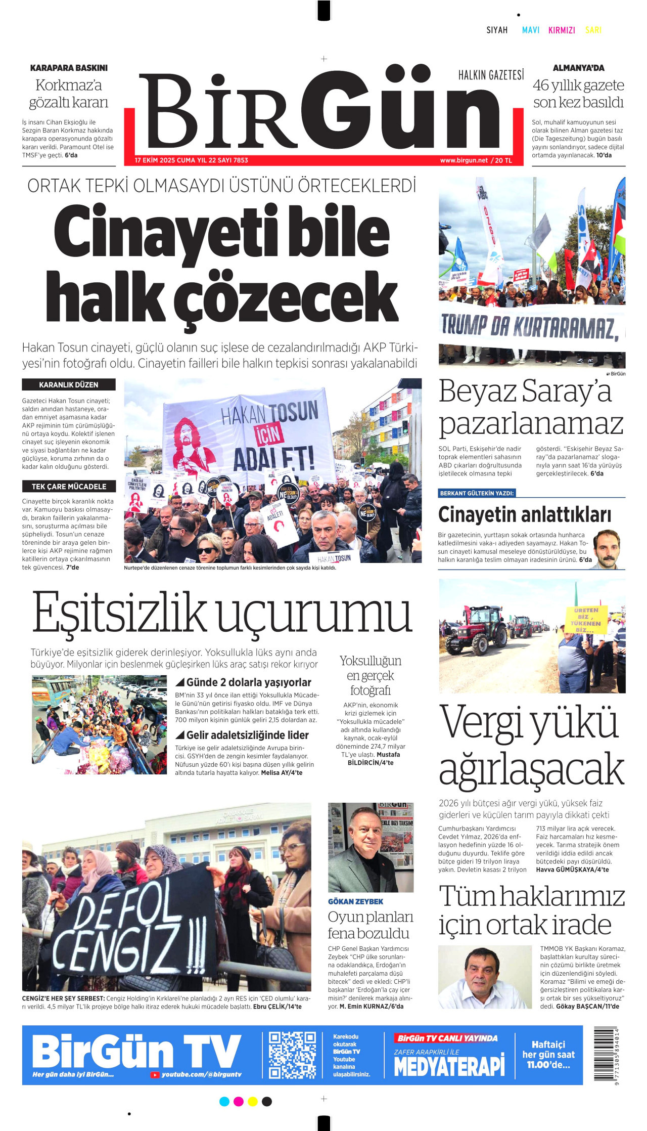 BİRGÜN gazetesinin 17 Ekim 2025 tarihli birinci sayfası