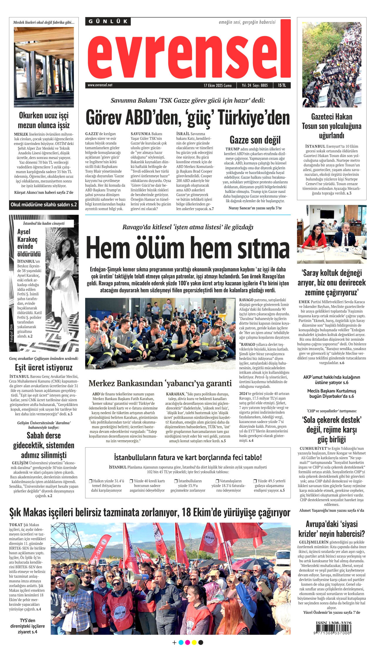 EVRENSEL gazetesinin 17 Ekim 2025 tarihli birinci sayfası